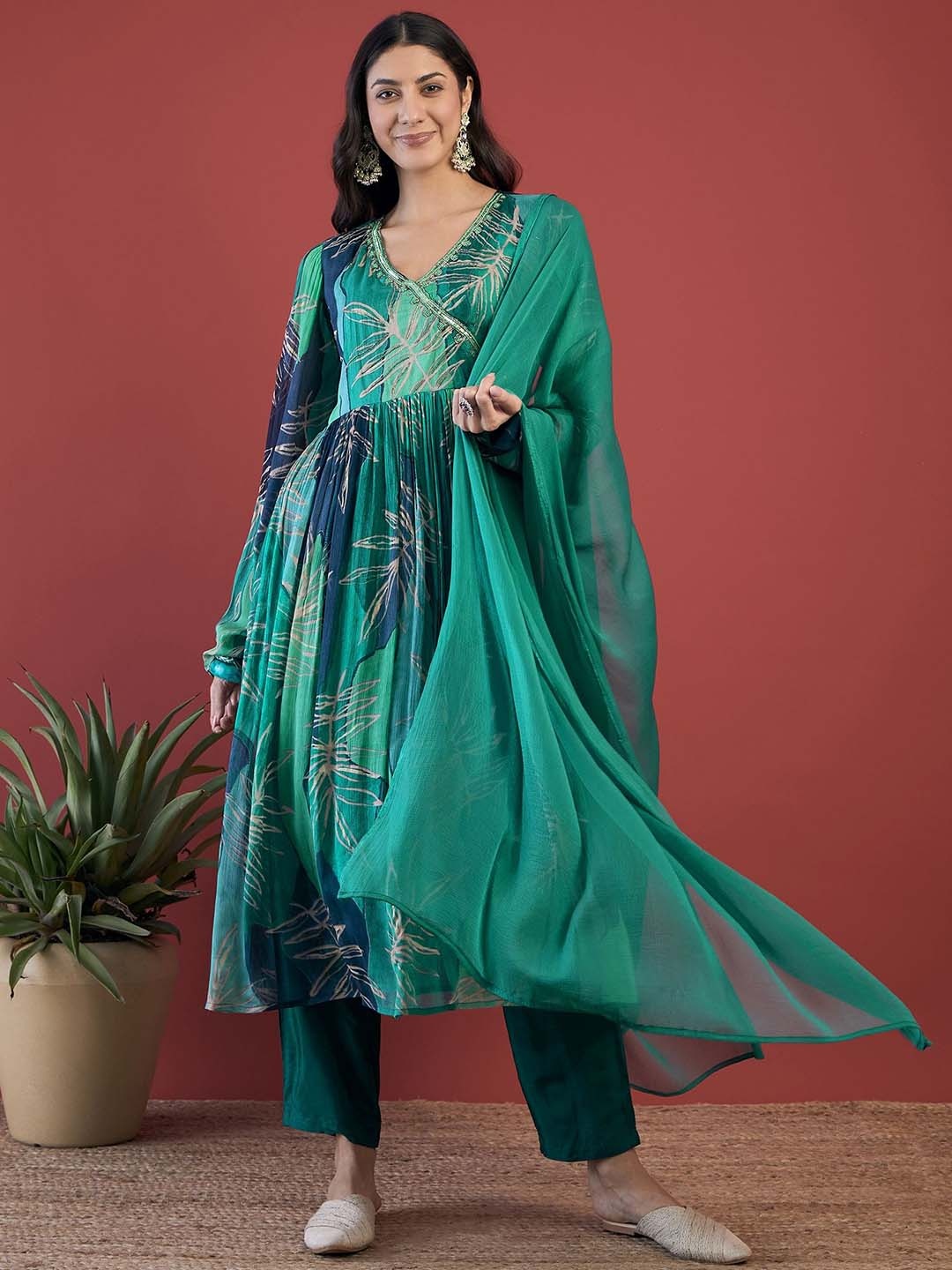 

Anouk Teal Green Ethnic Motifs Printed Sequinned A-Line Kurta with Trousers & Dupatta