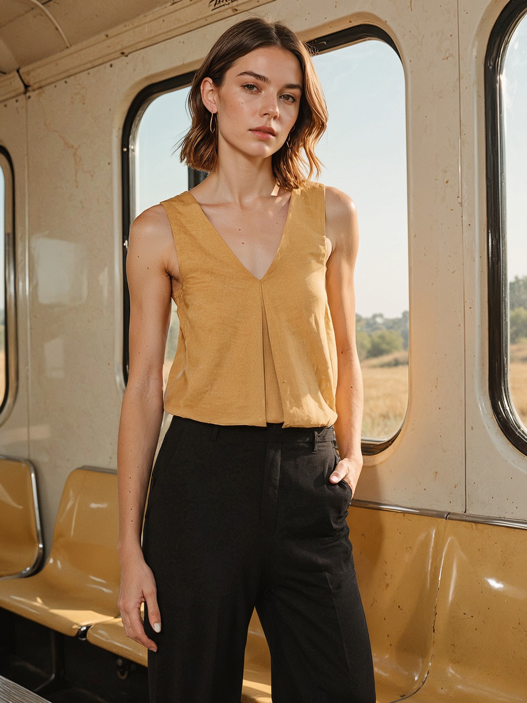 

H&M Cotton Sleeveless V-Neck Top, Brown