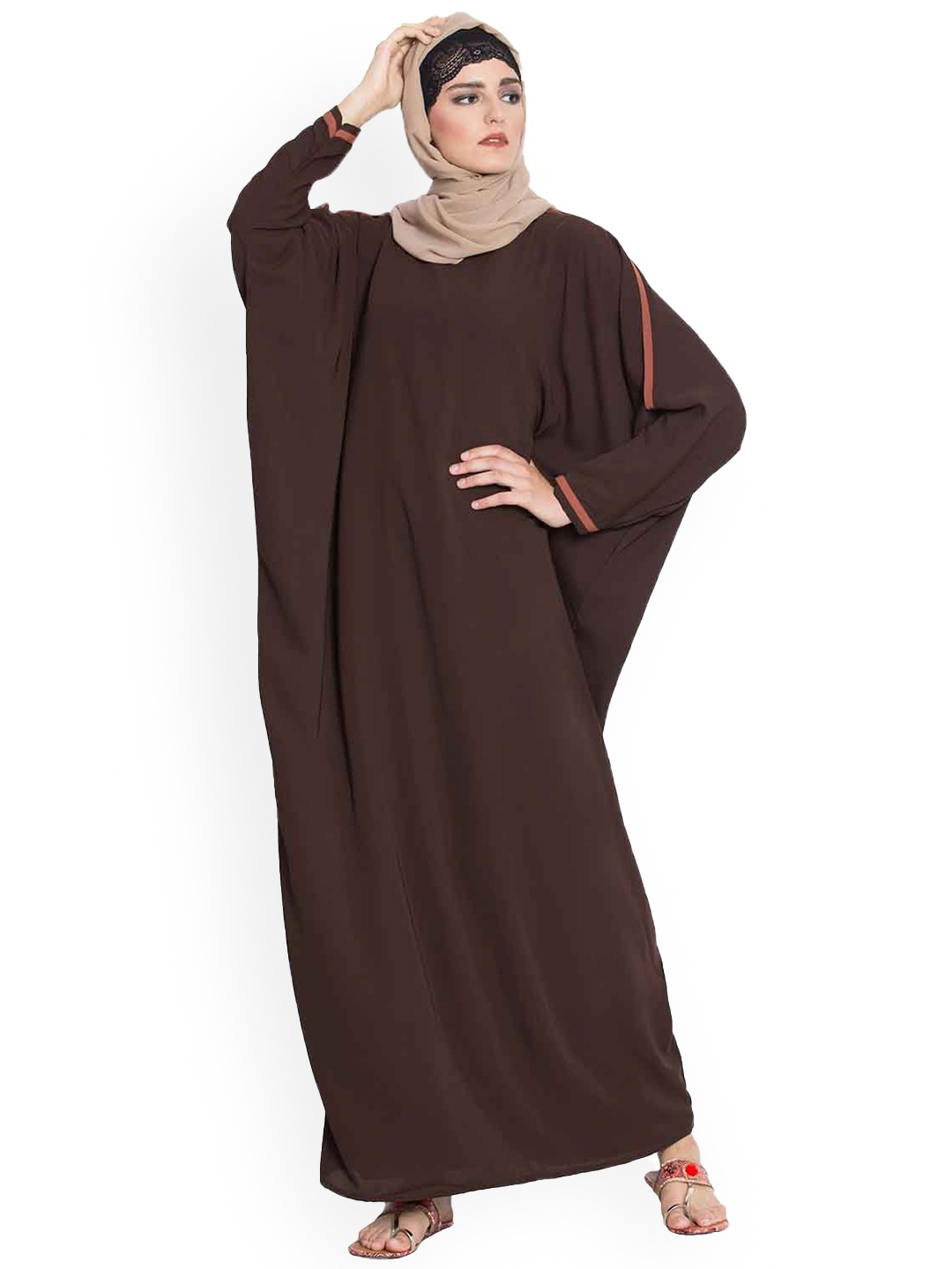 

MUSHKIYA Round Neck Solid Kaftan Burqas With Scarf, Brown