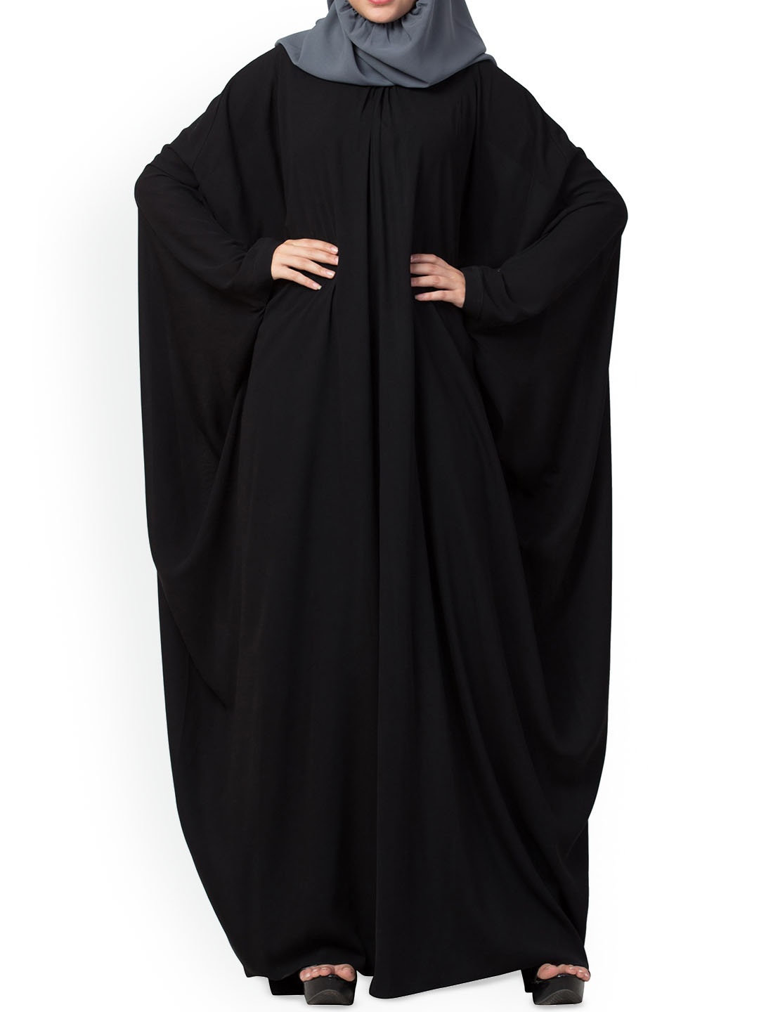 

MUSHKIYA Round Neck Kaftan Abaya With Pleats On Neck & Scarf Burqas, Black