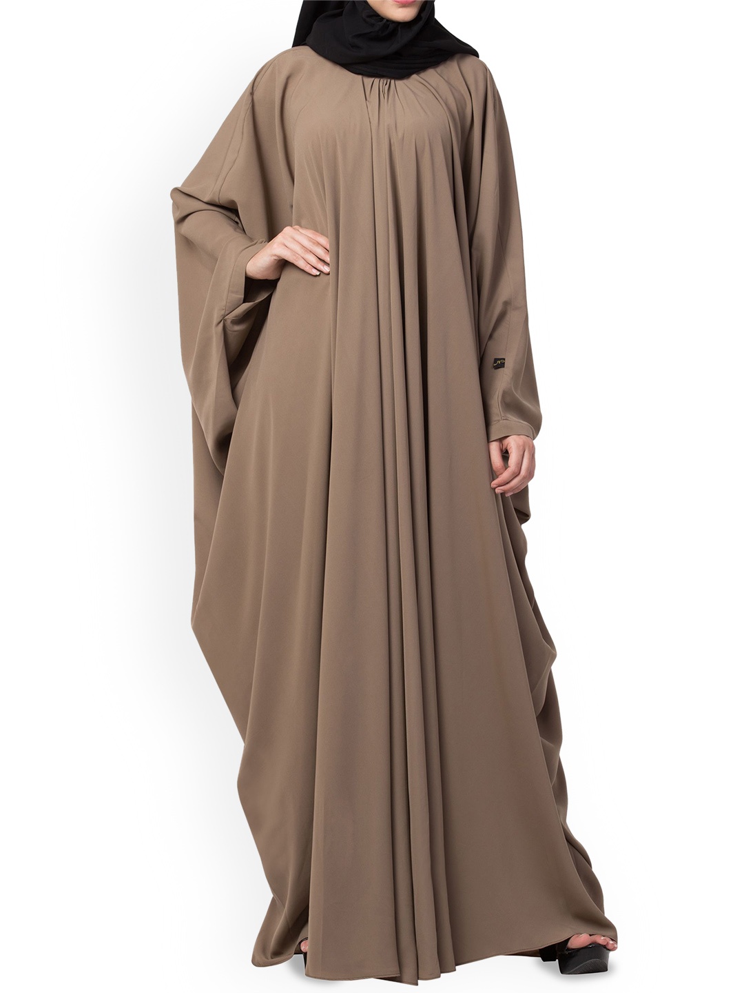 

MUSHKIYA Kaftan Rouns Neck Abaya With Pleats Neck Burqas, Khaki