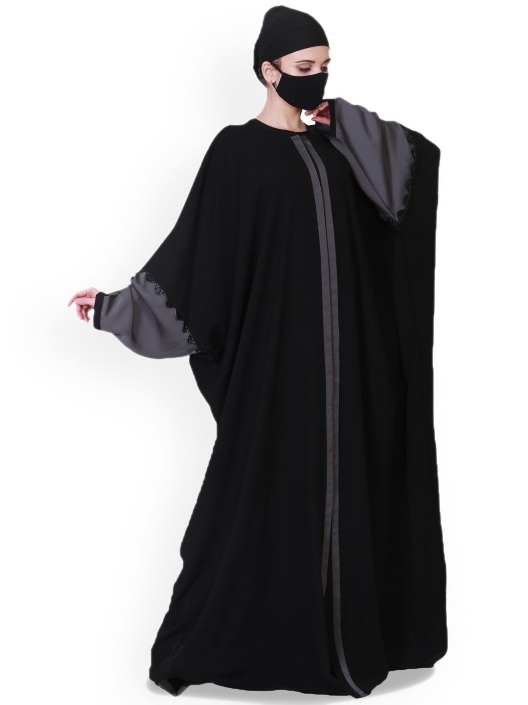 

MUSHKIYA Round Neck Solid Kaftan Abaya Burqas, Black