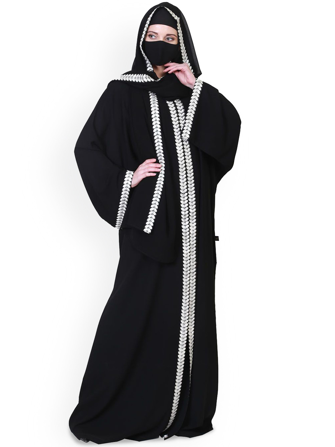 

MUSHKIYA Round Neck Lacework Front Open Abaya With Scarf Burqas, Black