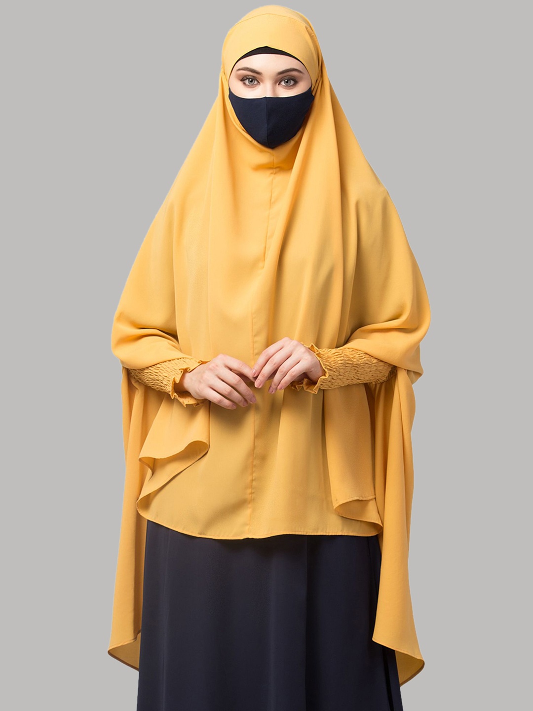 

MUSHKIYA Round Neck Solid Abaya With Kashmir Mouth Piece Burqas, Yellow