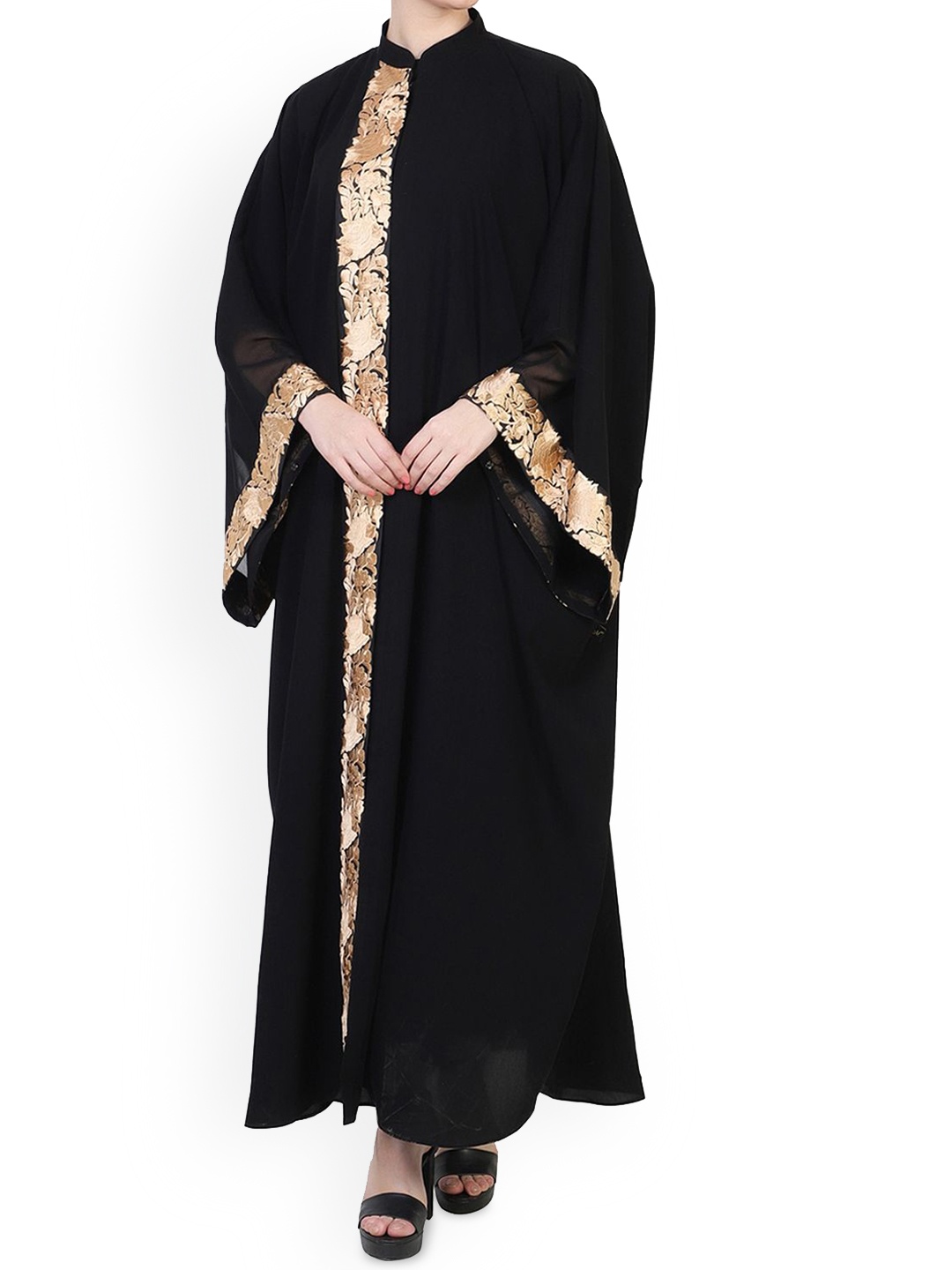 

MUSHKIYA Round Neck Solid Front Open Lacework Kaftan Abaya Burqas, Black