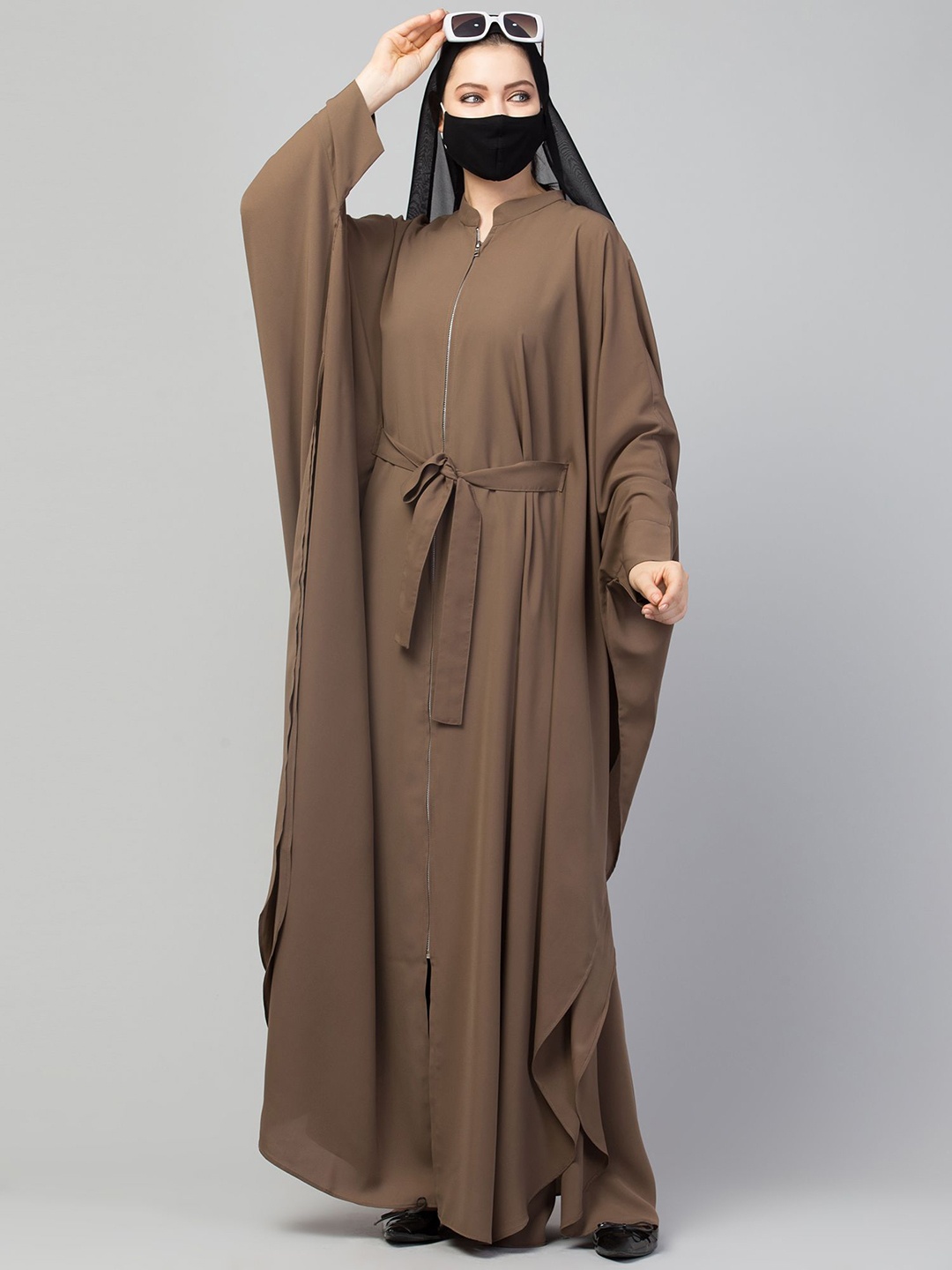 

MUSHKIYA HIgh Neck Solid Kaftan Abaya With Scraf Burqas, Khaki