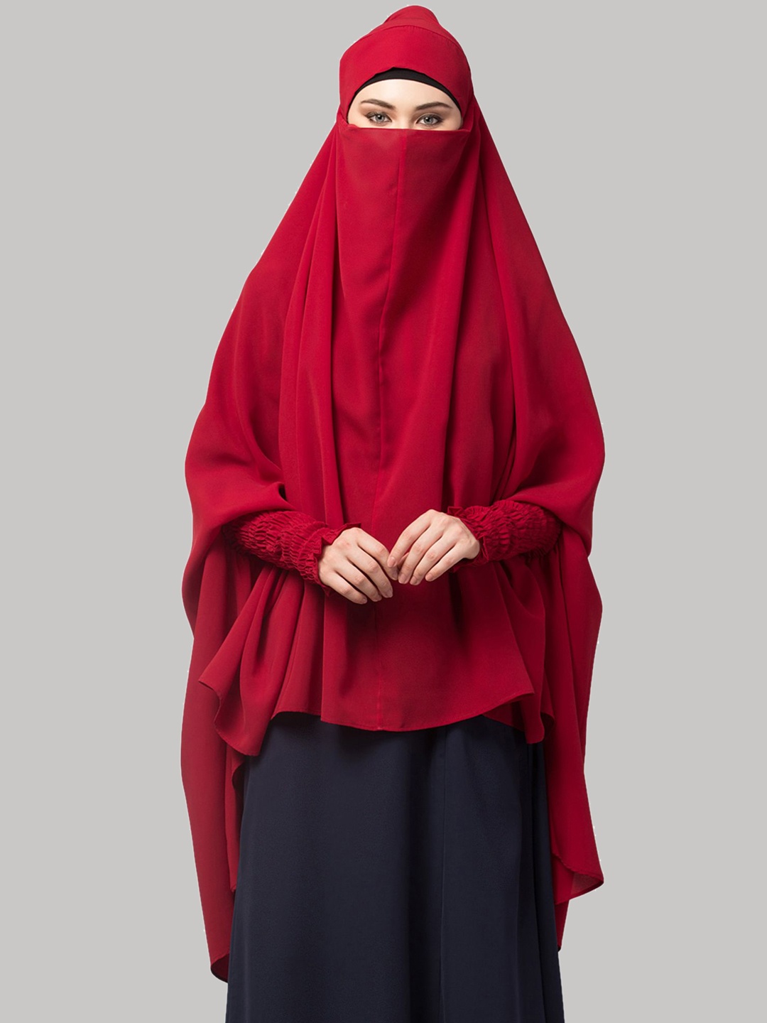 

MUSHKIYA Round Neck Solid Adjustable Khimar Hijab Burqa, Red