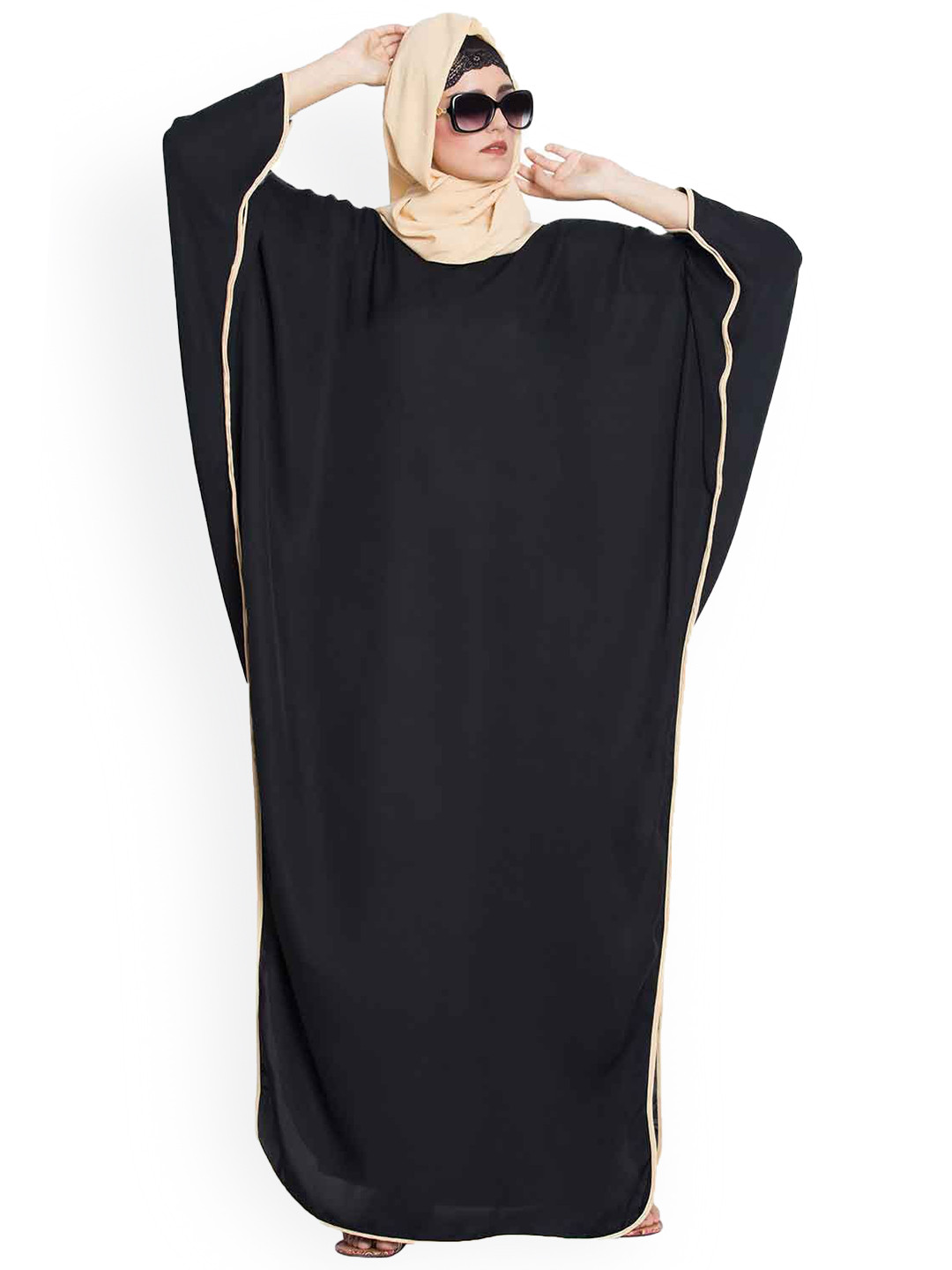 

MUSHKIYA Round Neck Solid Kaftan Abaya With Scarf Burqas, Black
