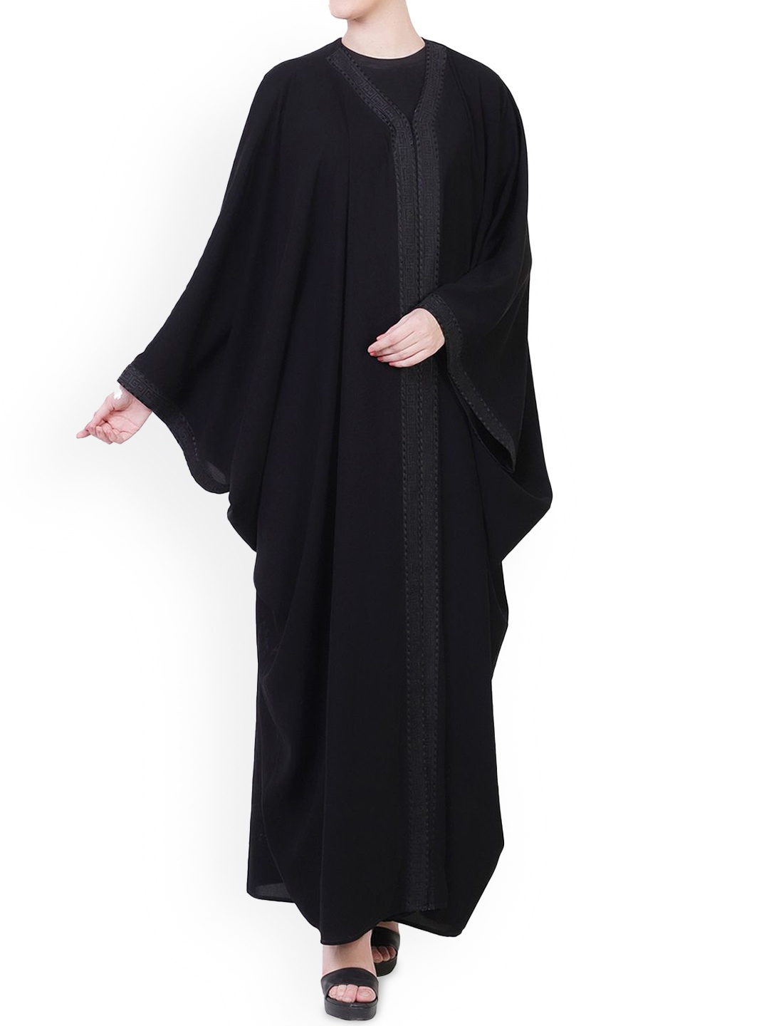 MUSHKIYA Round Neck Embroidered Kaftan Abaya Burqas, Black