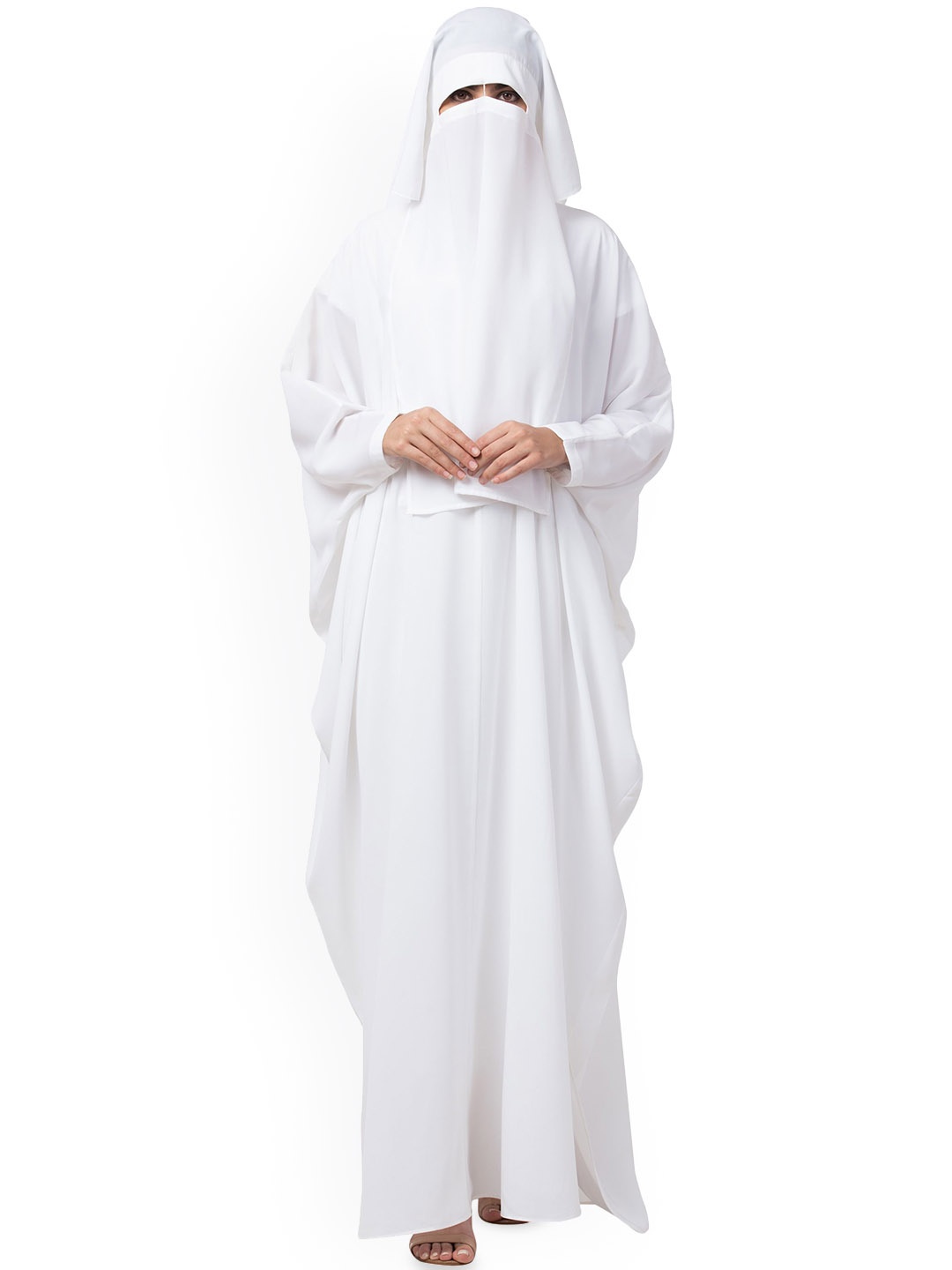 

MUSHKIYA Round Neck Solid Kaftan Abaya With Niqab Burqas, White