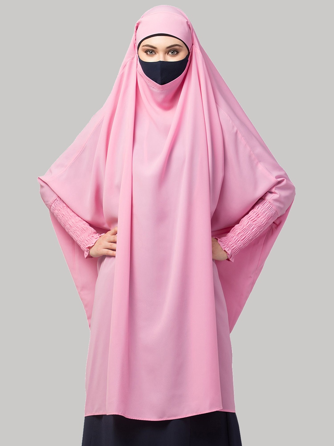 

MUSHKIYA Round Neck Solid Abaya With Kashmir Hijab Burqas, Pink