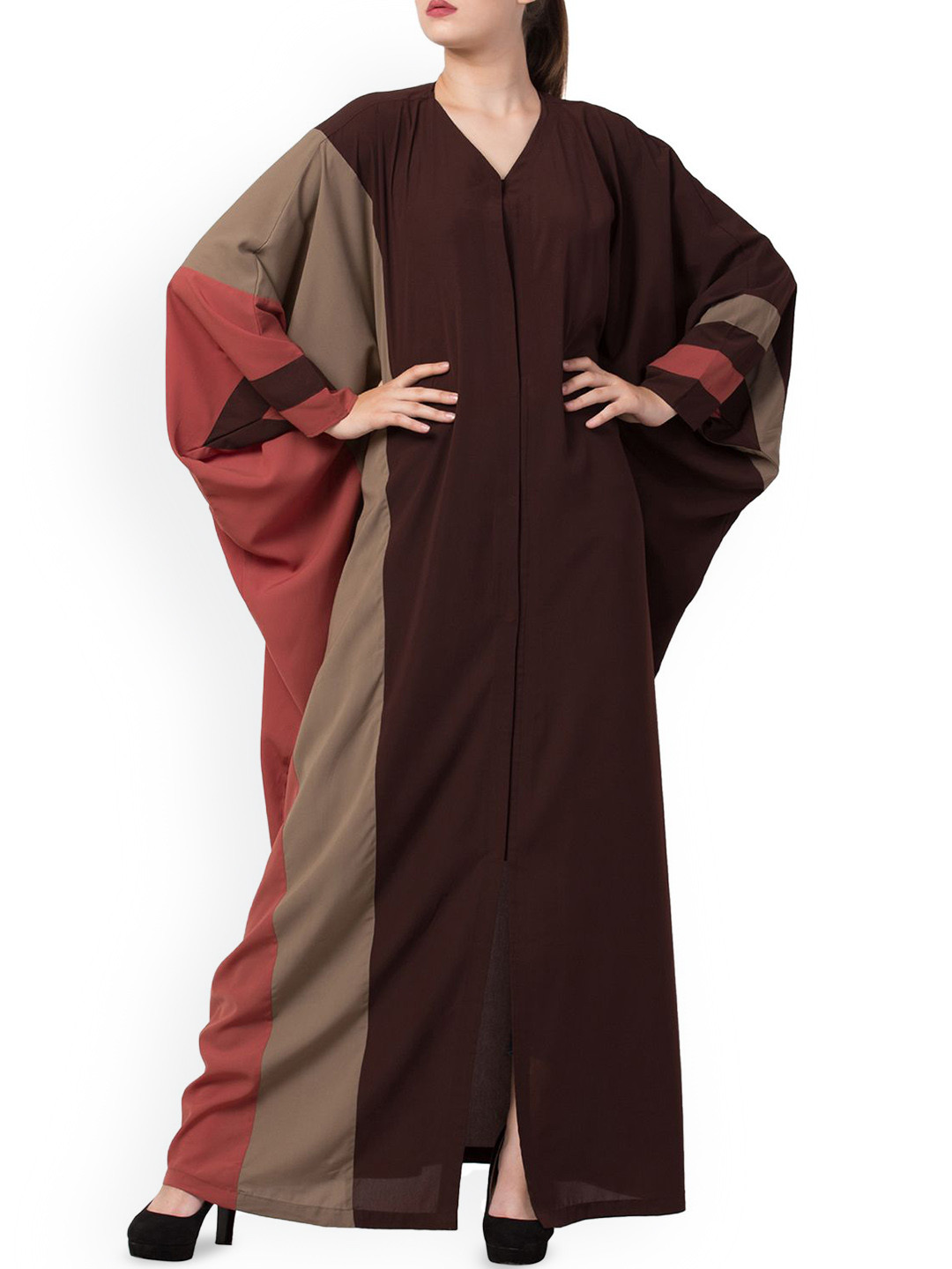 

MUSHKIYA V-neck Front Open kaftan Abaya Burqas, Brown