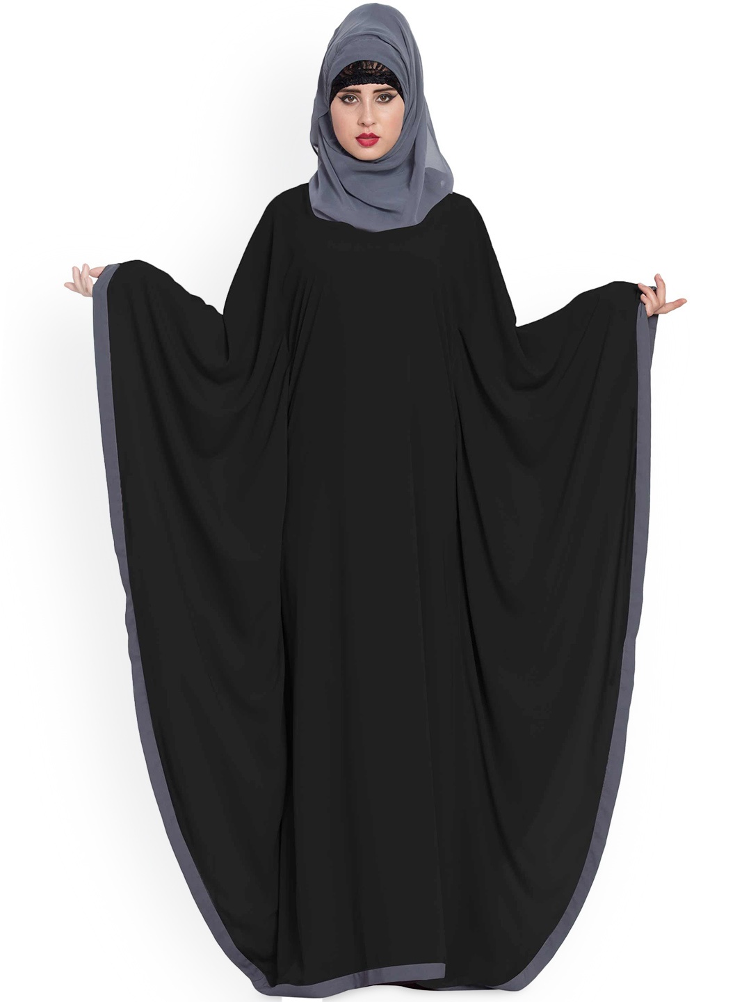 

MUSHKIYA Round Neck Solid Kaftan Abaya Burqa With Scarf, Black