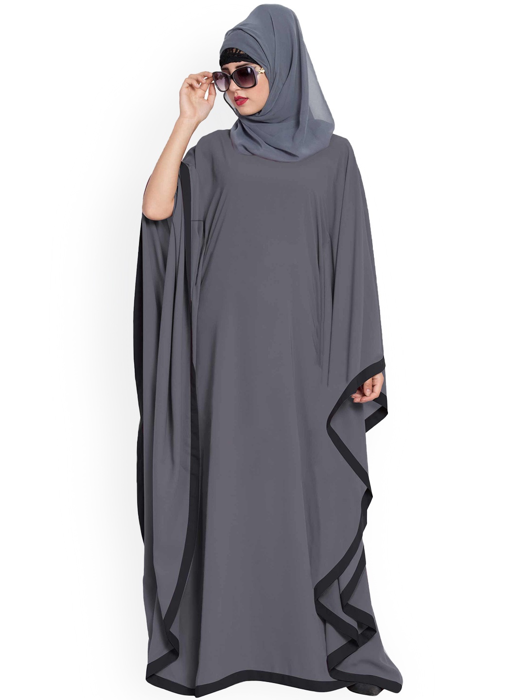 

MUSHKIYA Round Neck Solid Kaftan Abaya Burqas With Scarf, Grey