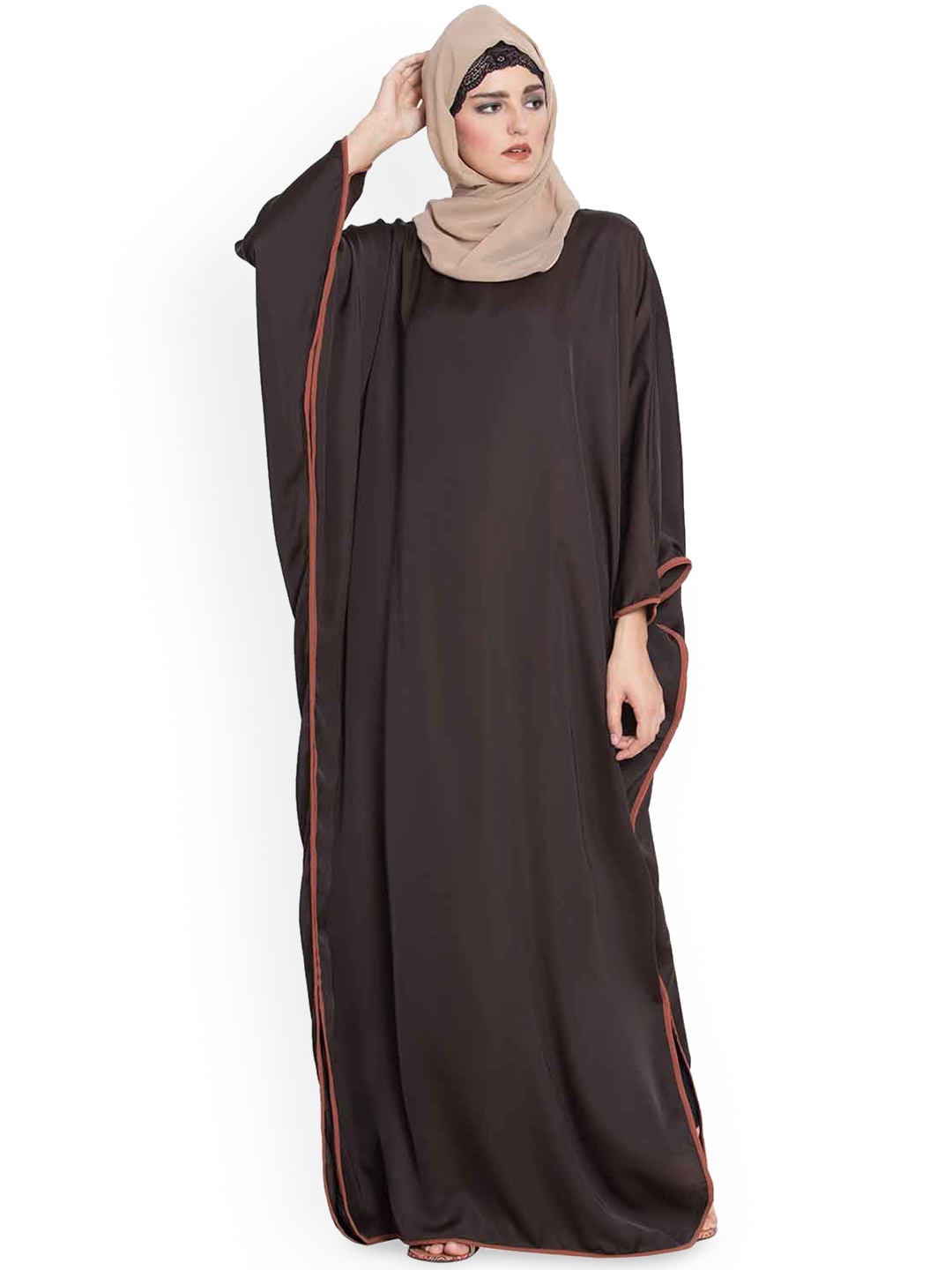 

MUSHKIYA Round Neck Solid Kaftan Abaya With Kashmir Hijab Burqas, Brown