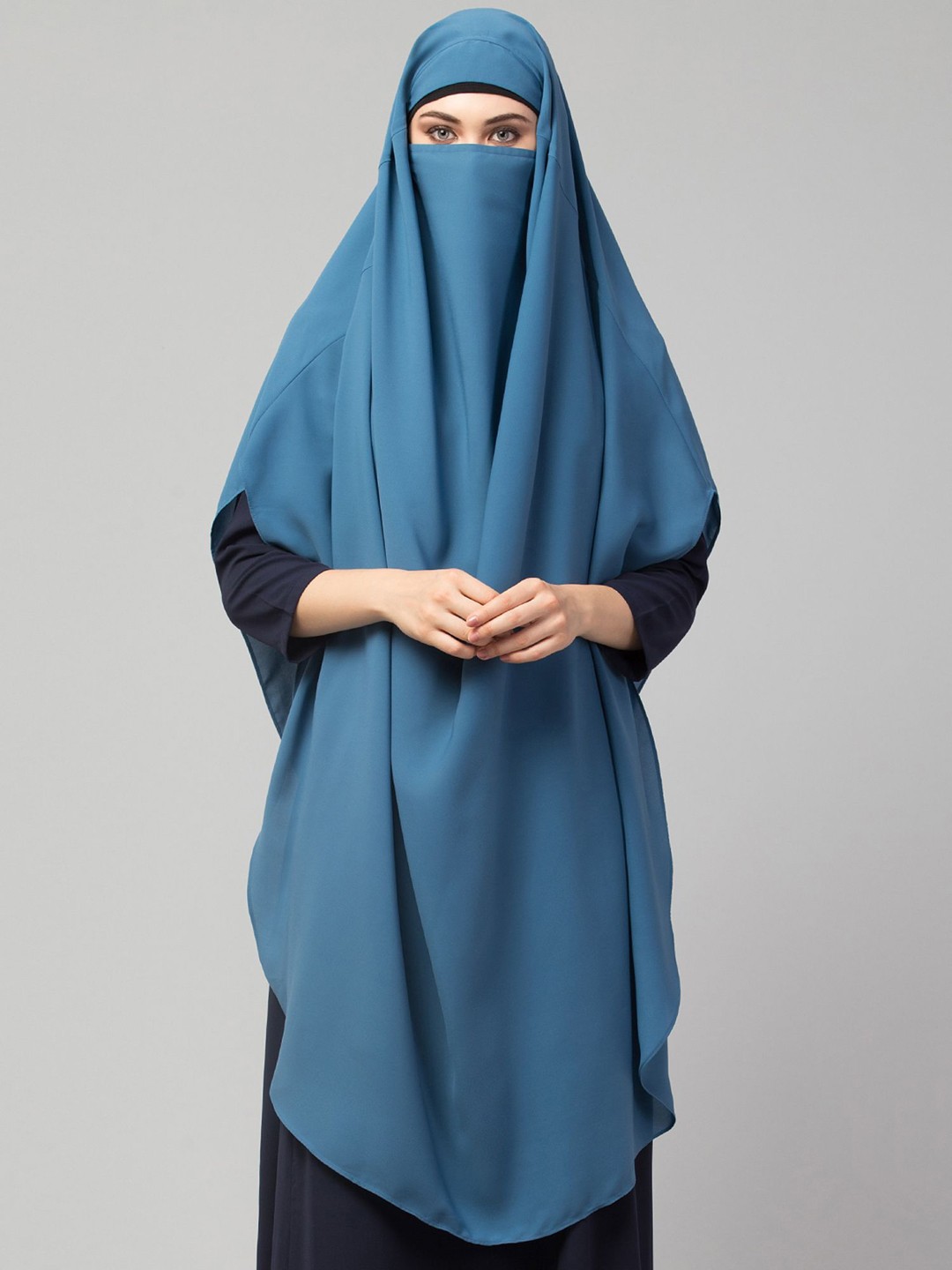 

MUSHKIYA Round Neck Solid Khimar With Mouth Piece Burqas, Blue