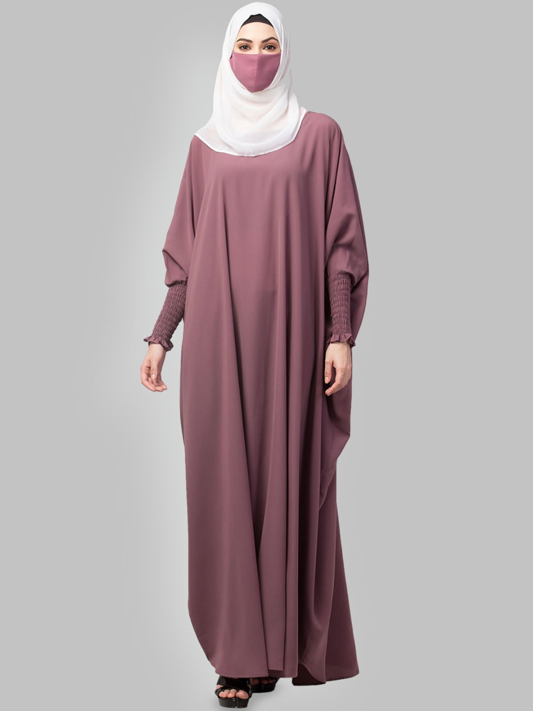 

MUSHKIYA Round Neck Kaftan Abaya With Kashmir Hijab Burqas, Pink
