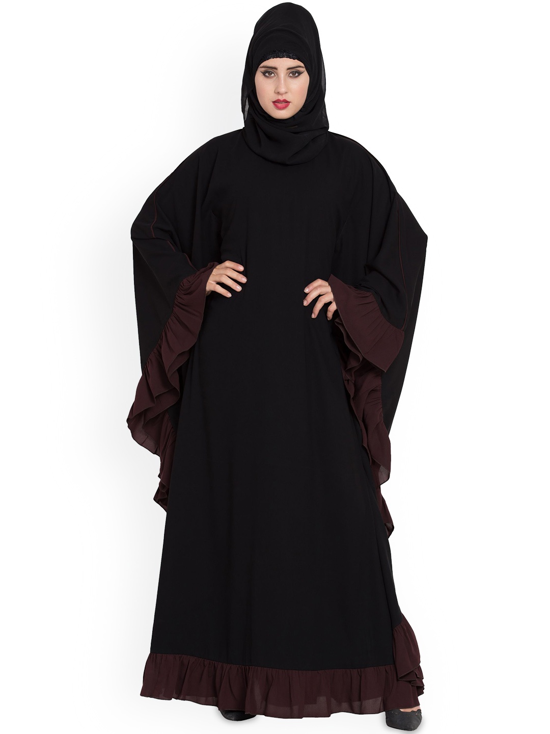 

MUSHKIYA Round Neck Solid Kaftan Burqa With Scarf Burqas, Black
