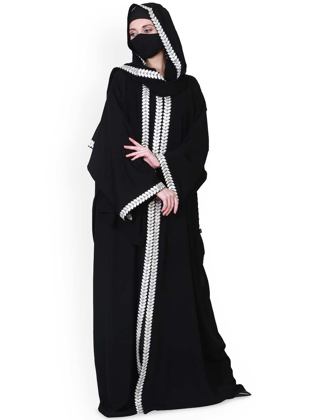 

MUSHKIYA Round Neck Embroidered Kaftan Abaya Burqas With Scarf & Mouth Piece, White