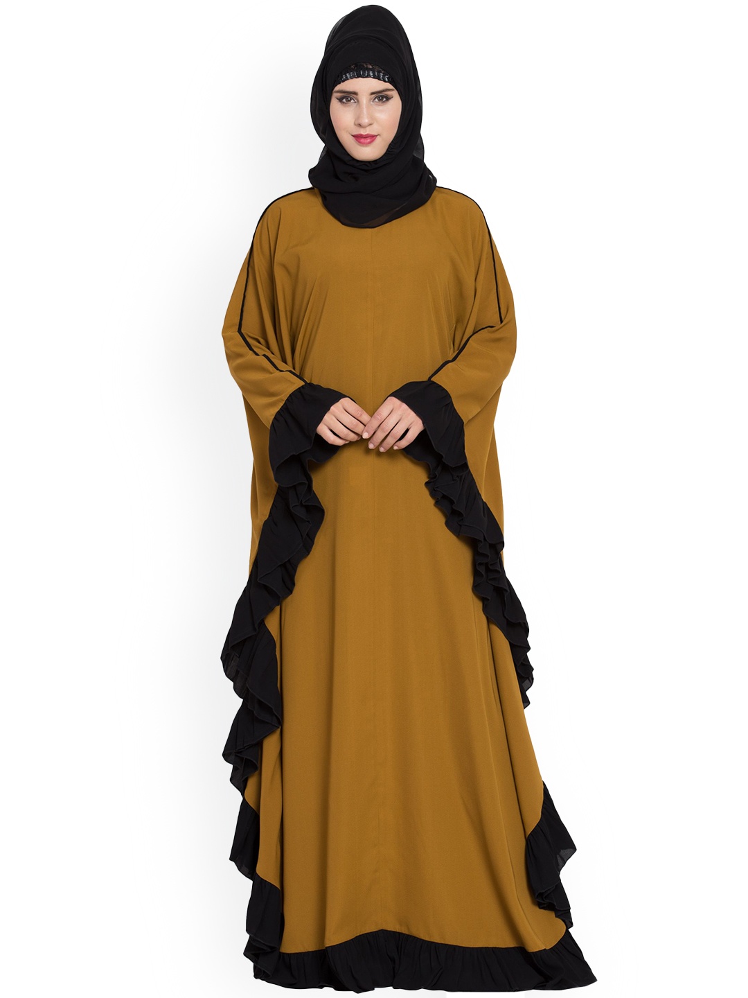 

MUSHKIYA Round Neck Solid Abaya Burqas With Khimar Hijab, Brown