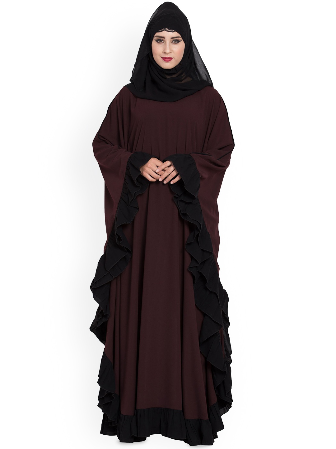 

MUSHKIYA Round Neck Solid Kaftan Ruffled Burqa With Scarf, Burgundy