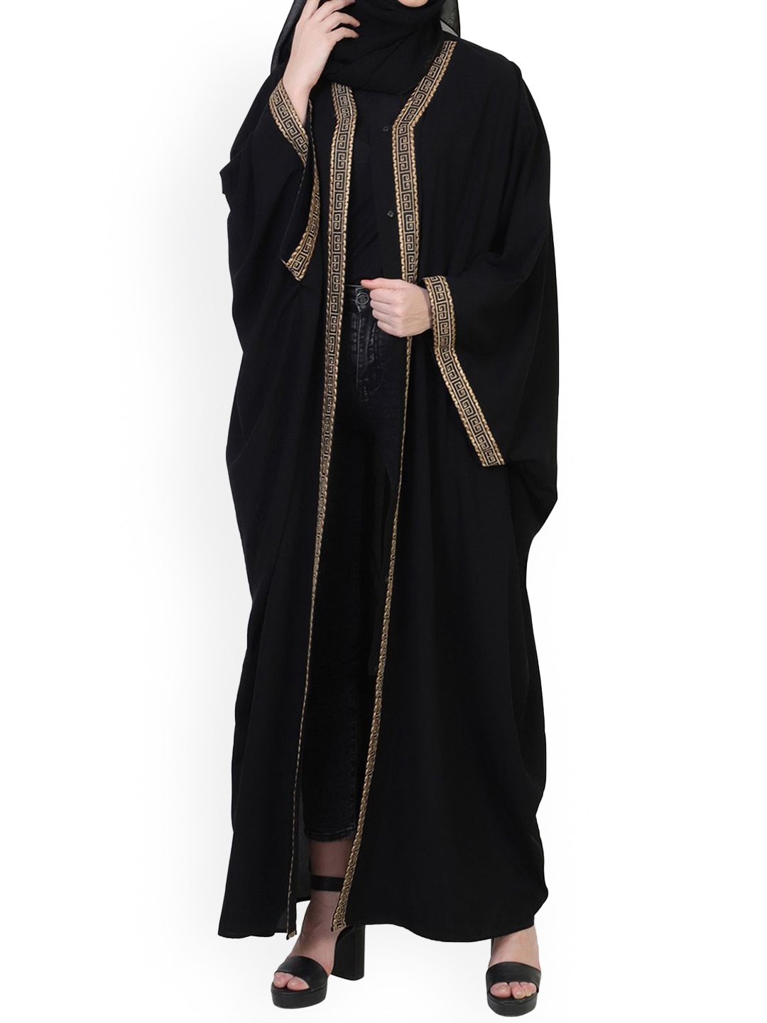 

MUSHKIYA Round Neck Solid Front Open Kaftan Abaya Burqas, Black