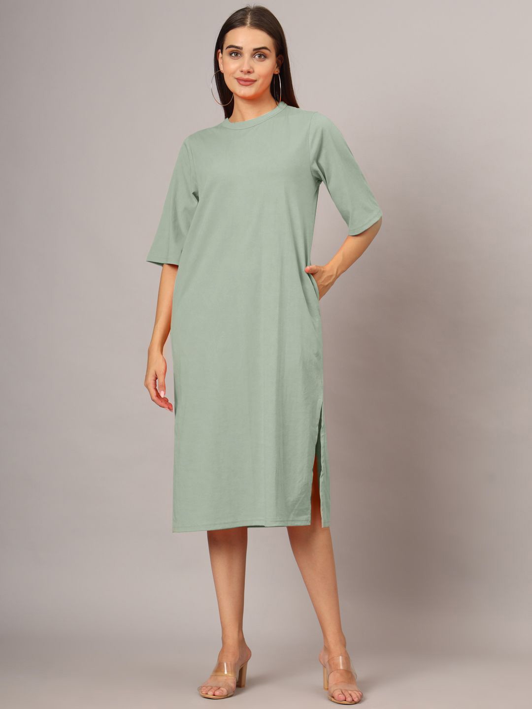 

BRINNS Women Round Neck Short Sleeves Cotton A-Line Dress, Green