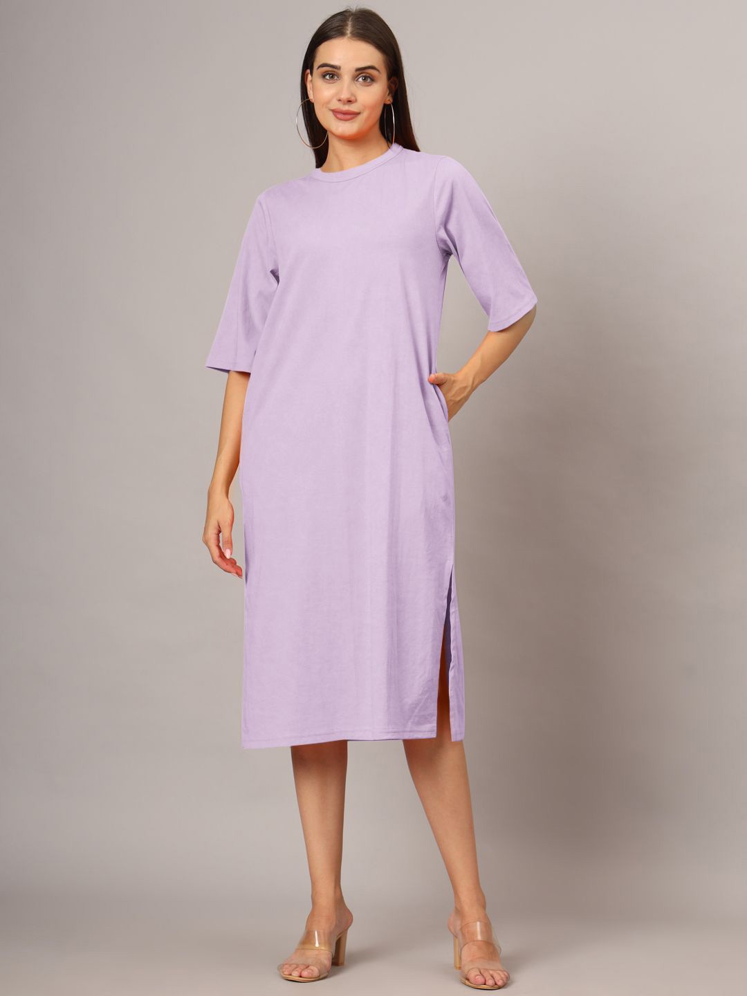 

BRINNS Women Round Neck A-Line Midi Dress, Lavender