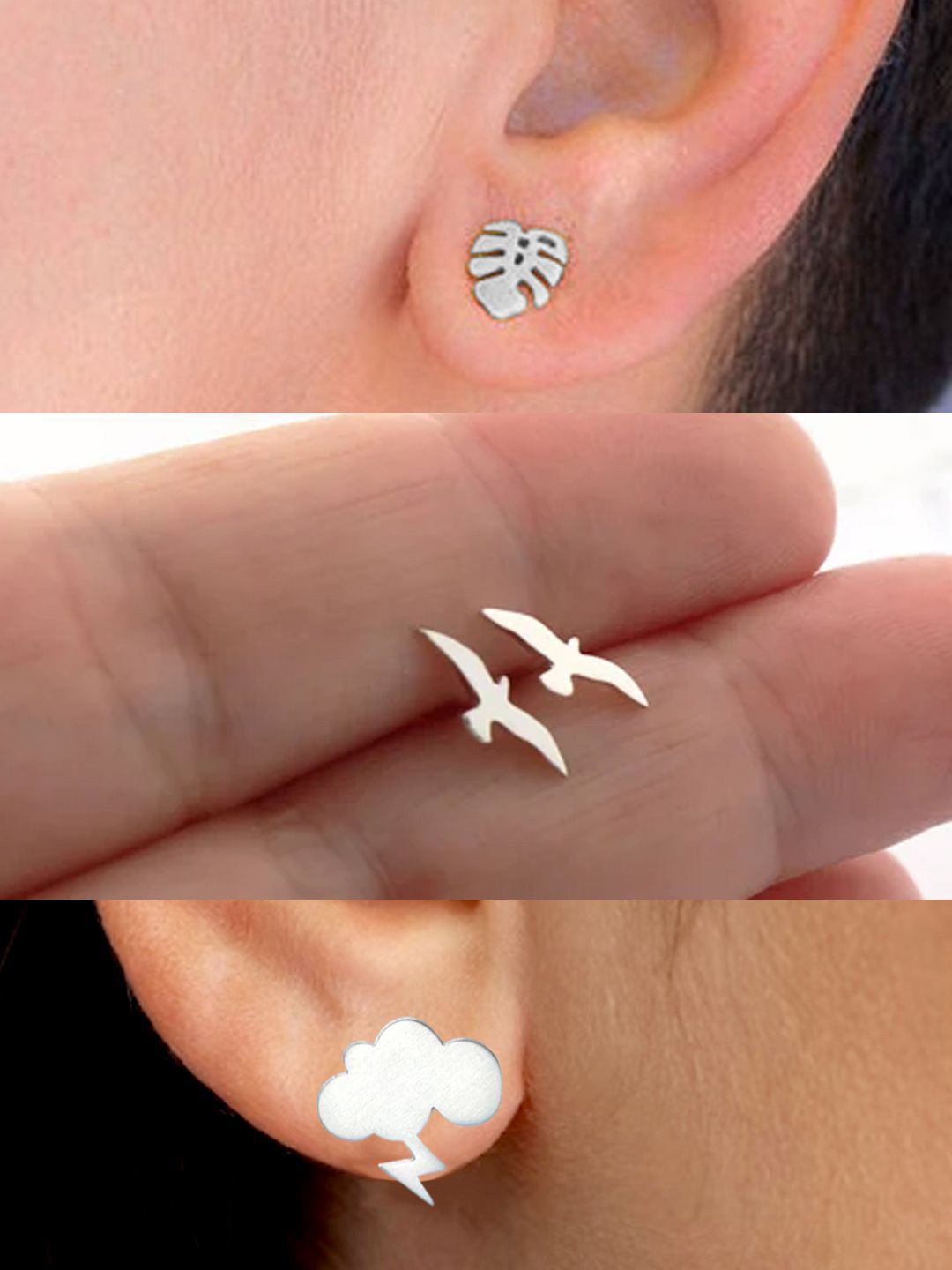 

Goldnera Girls 925 Sterling Silver Set Of 3 Contemporary Studs Earrings