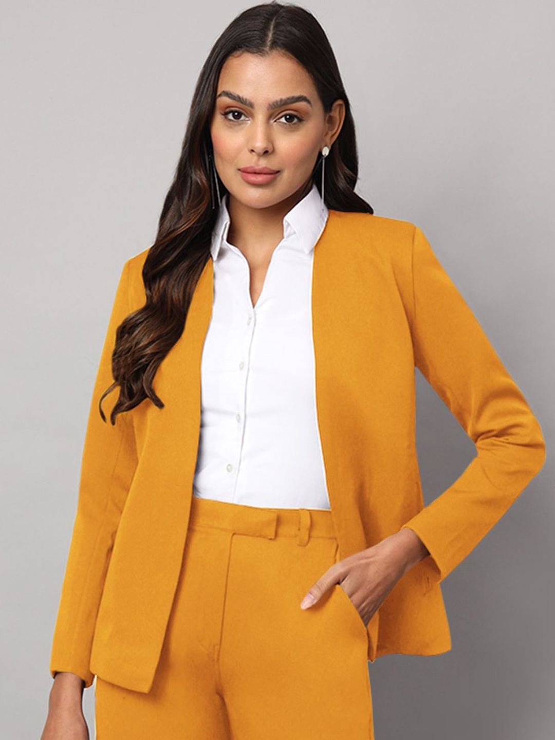 

BRINNS Shawl Collar Long Sleeves Open Front Casual Blazer, Mustard