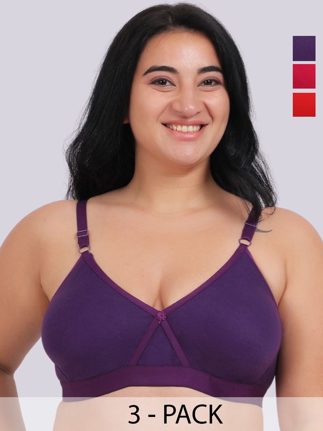 

Fabme Women Solid Plus Size Pack of 3 Full Coverage Cotton Non Padded Bra, Pink