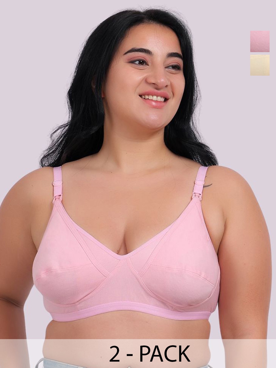 

Fabme Pack Of 2 Plus Size Full Coverage Cut and Sew Cotton Non Padded Bra, Pink