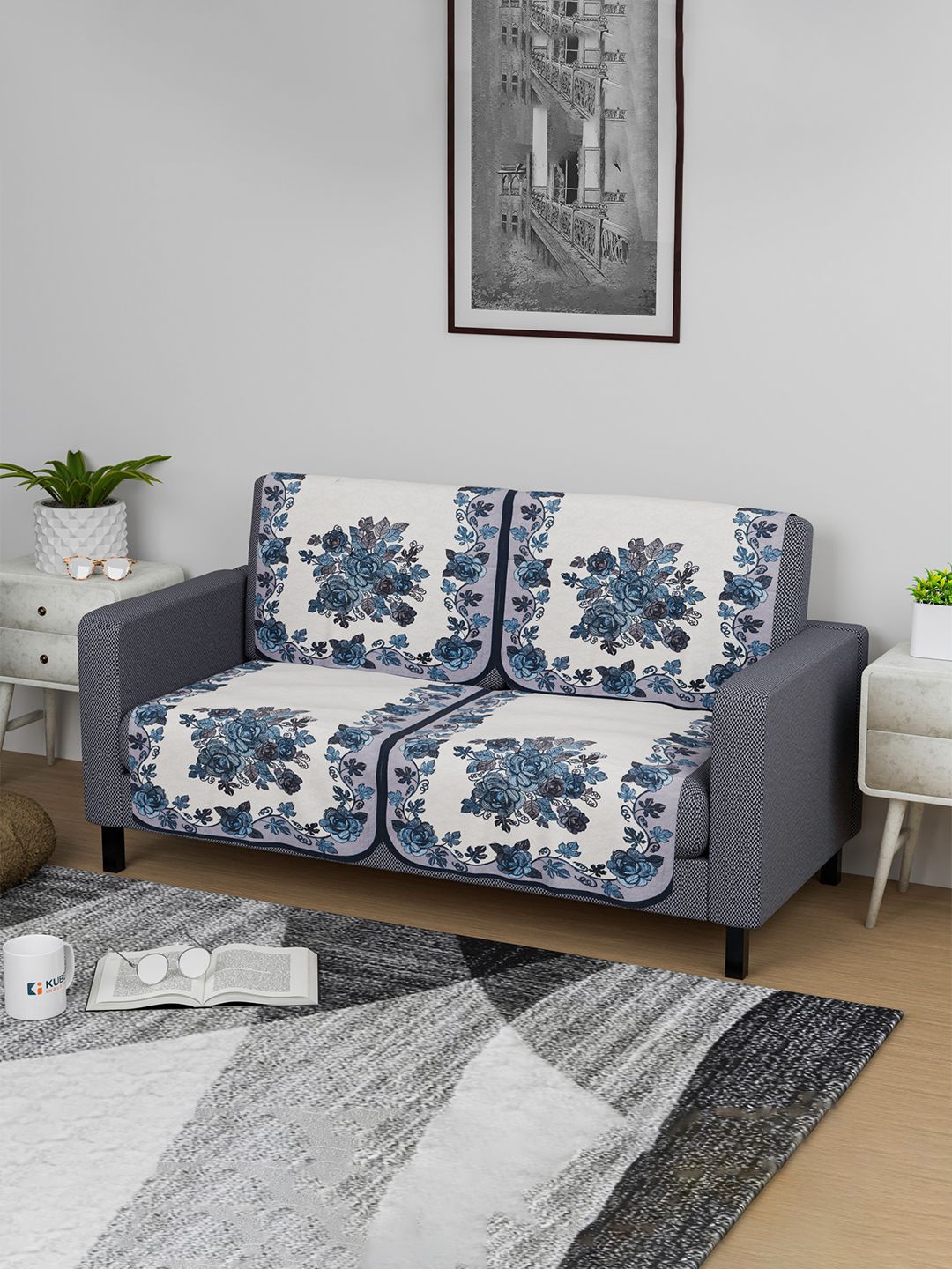 

Kuber Industries Blue & White 4 Pieces Embroidered Cotton Sofa Cover