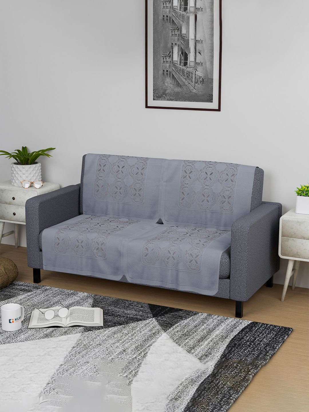 

Kuber Industries Grey & White 4 Pieces Embroidered Cotton Sofa Cover