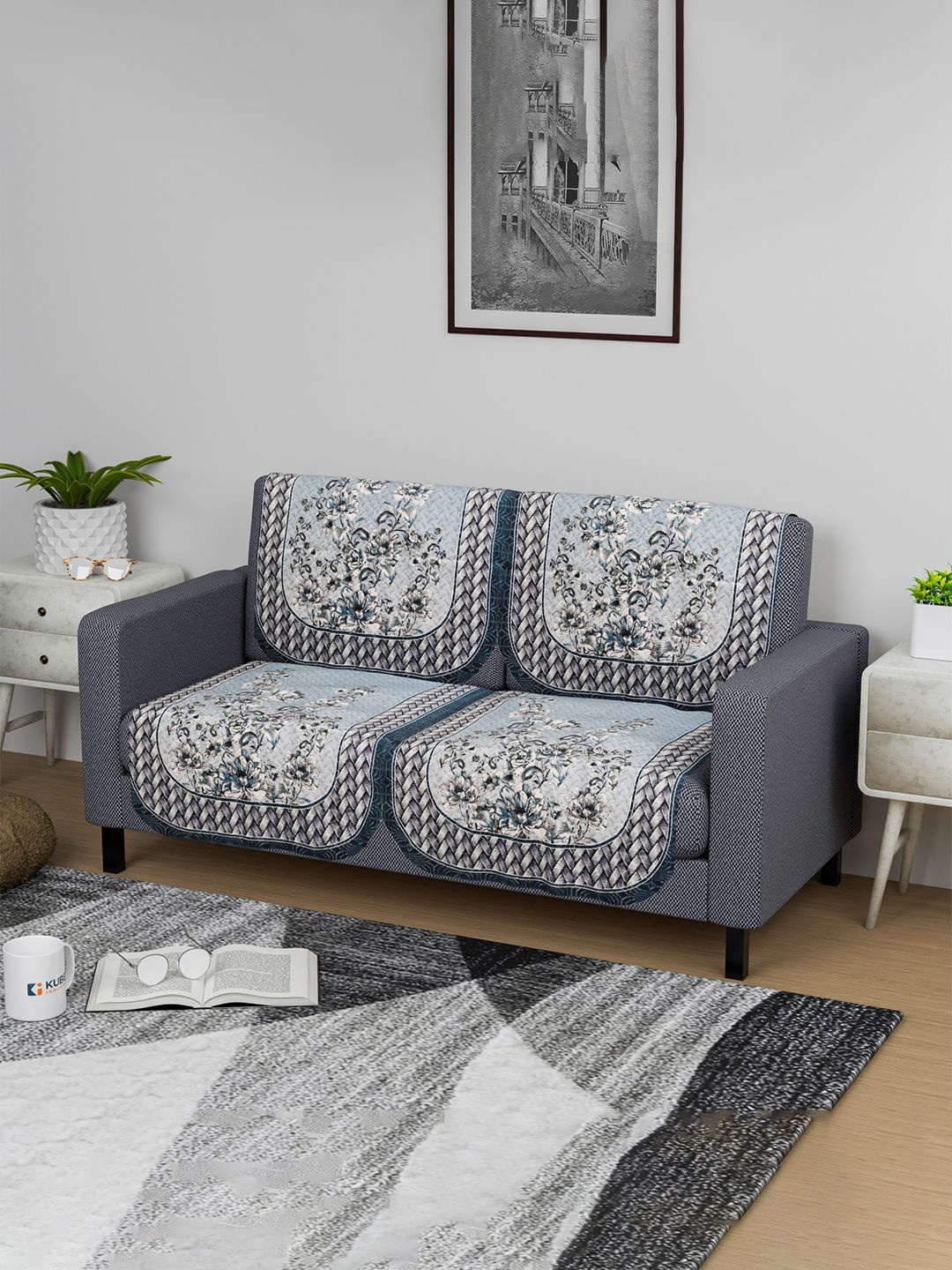 

Kuber Industries Blue & White 4 Pieces Embroidered Cotton Sofa Cover