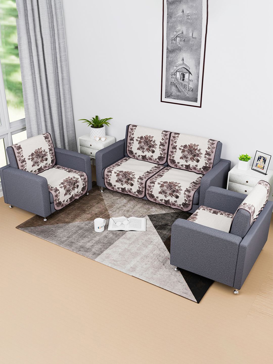 

Kuber Industries Brown & White 8 Pieces Embroidered Cotton Sofa Cover
