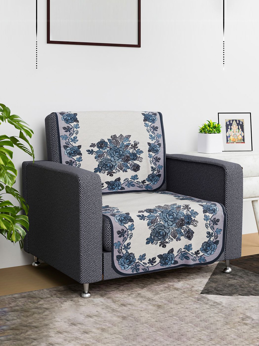 

Kuber Industries Blue & White 2 Pieces Embroidered Cotton Sofa Cover