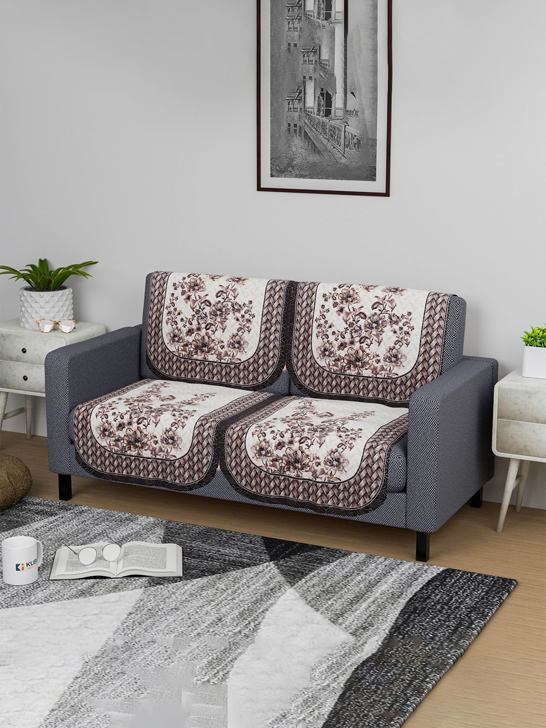 

Kuber Industries Cream-Coloured & Brown 4 Pieces Embroidered Cotton Sofa Cover