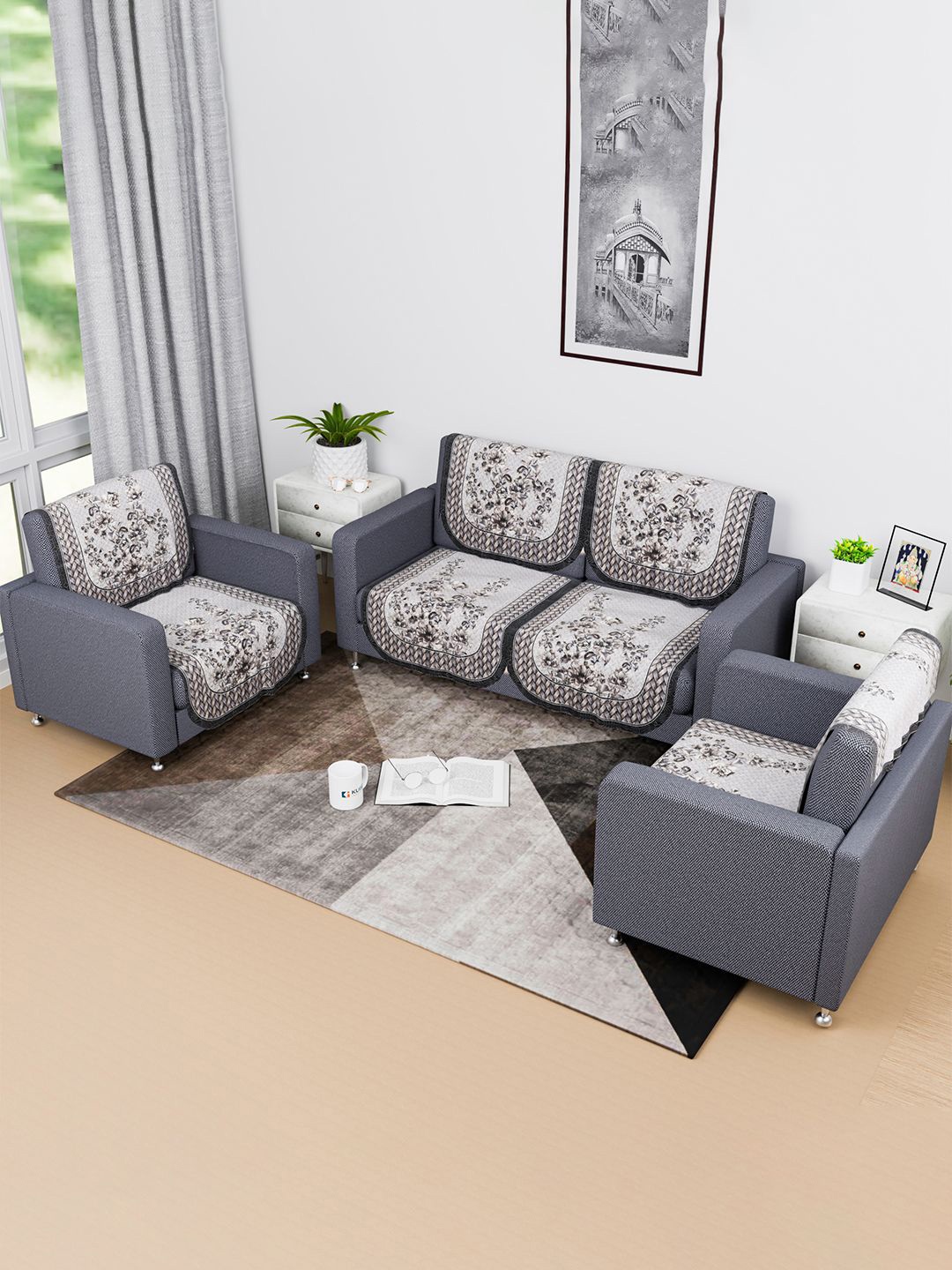 

Kuber Industries Grey & White 8 Pieces Embroidered Cotton Sofa Cover