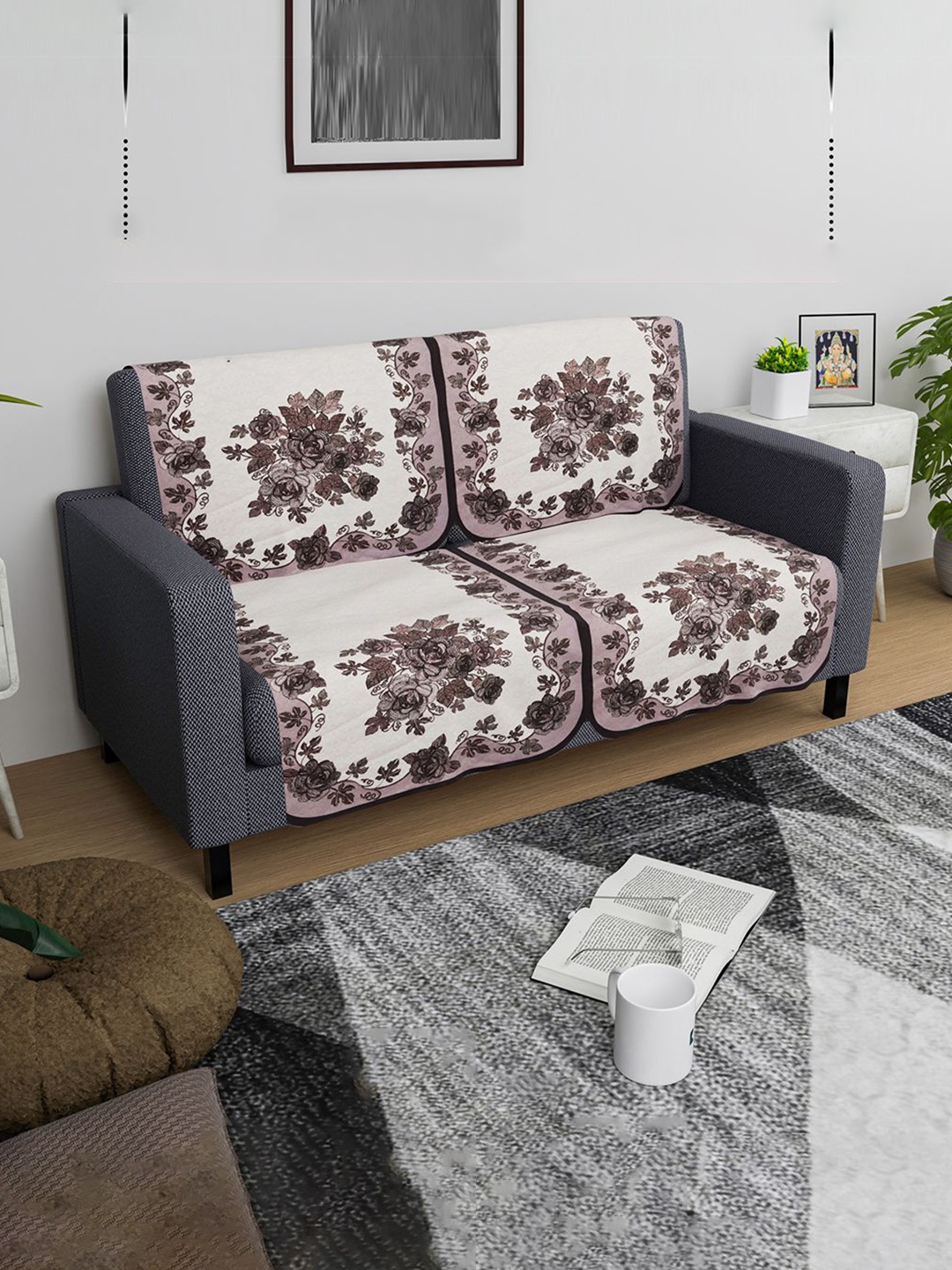 

Kuber Industries Brown & White 4 Pieces Embroidered Cotton Sofa Cover