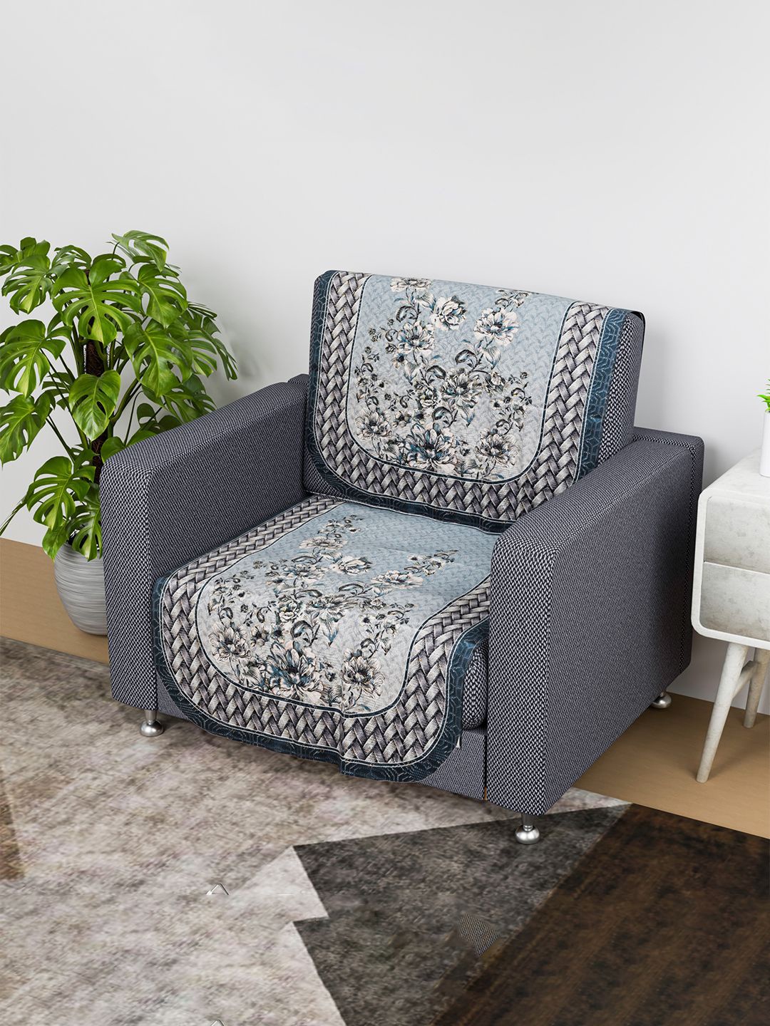 

Kuber Industries Blue & White 2 Pieces Embroidered Cotton Sofa Cover