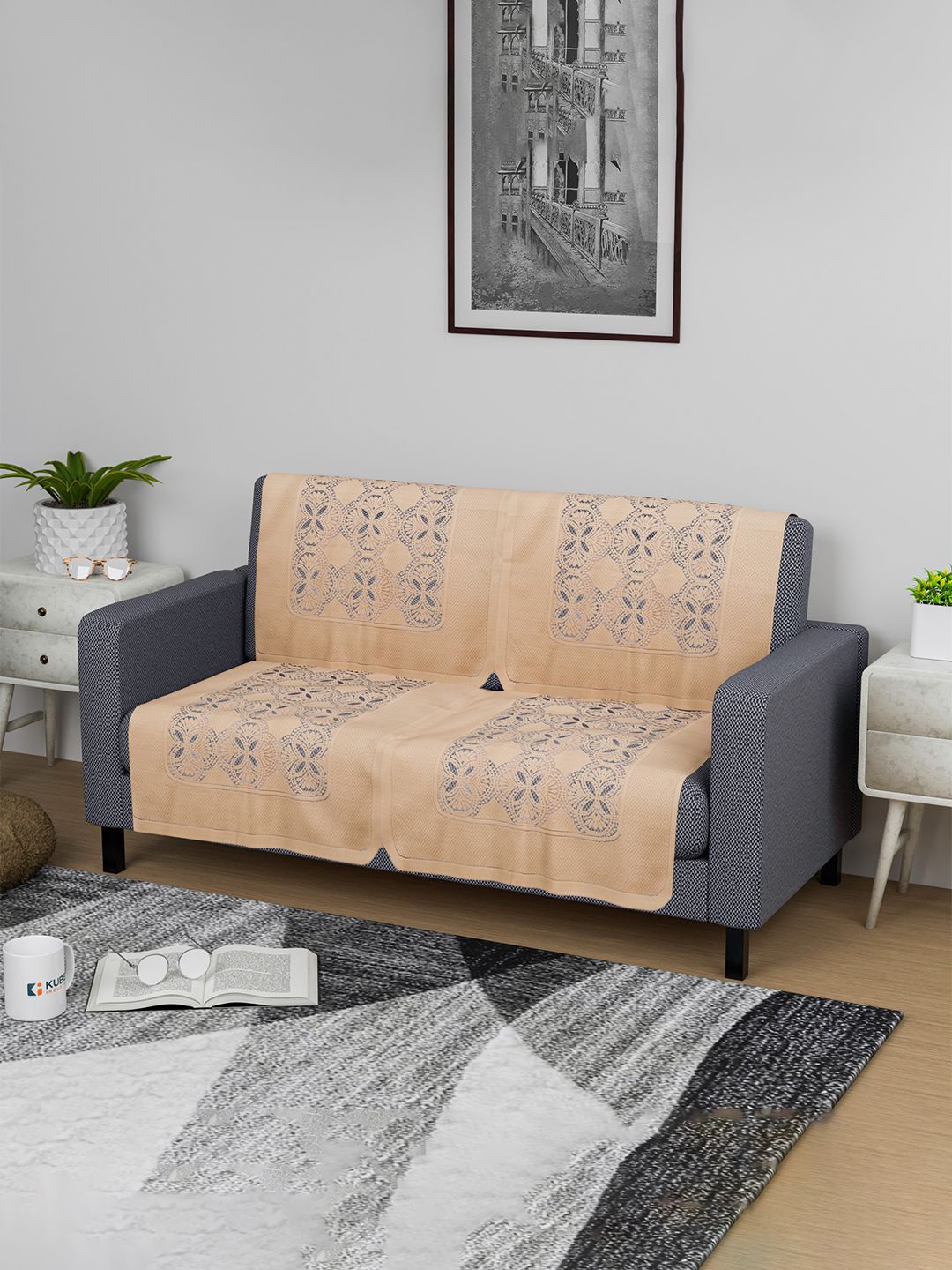 

Kuber Industries Gold-Toned 4 Pieces Embroidered Cotton Sofa Cover