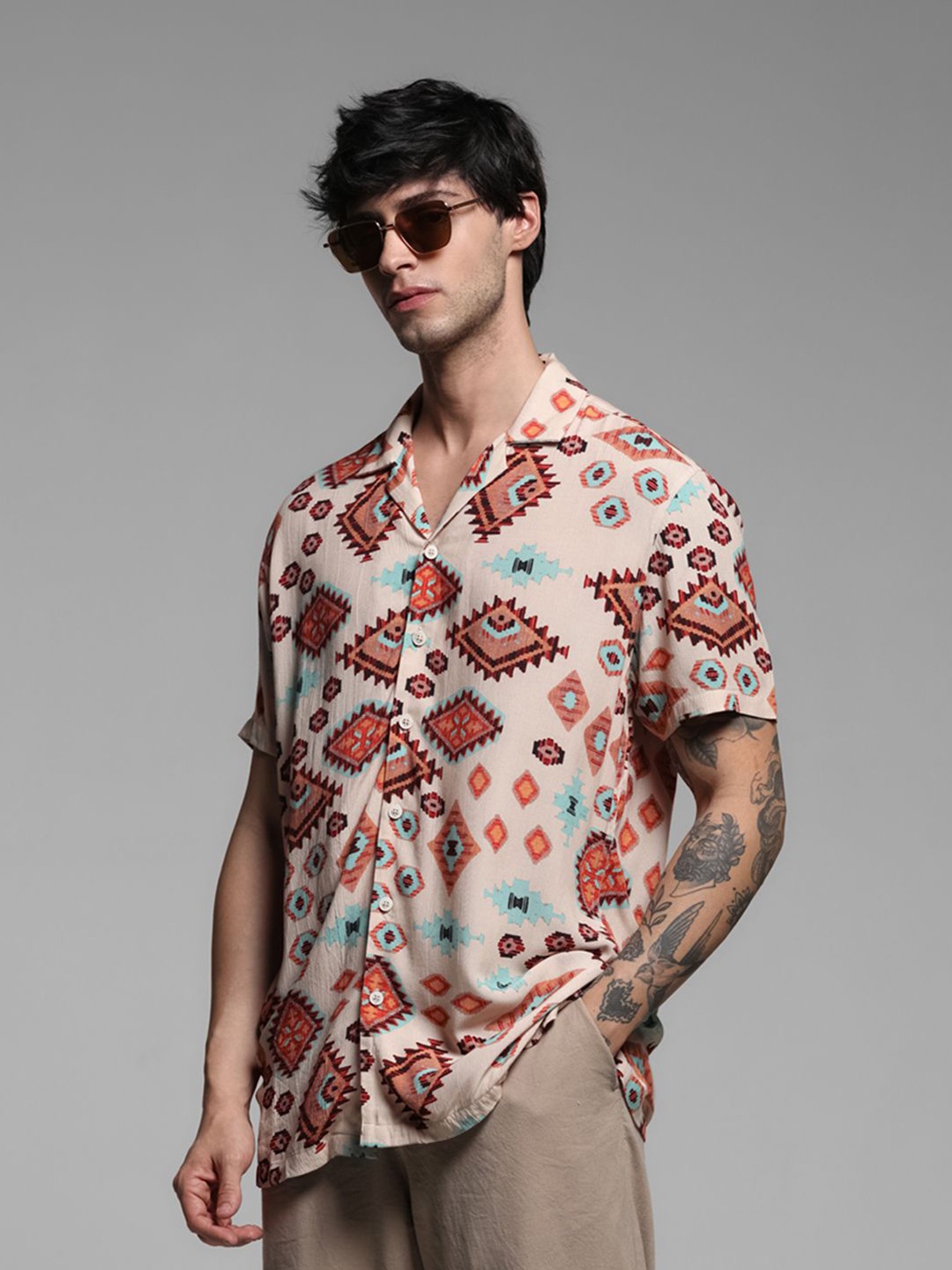 

Jack & Jones Men Cuban Collar Geometric Printed Casual Shirt, Multi