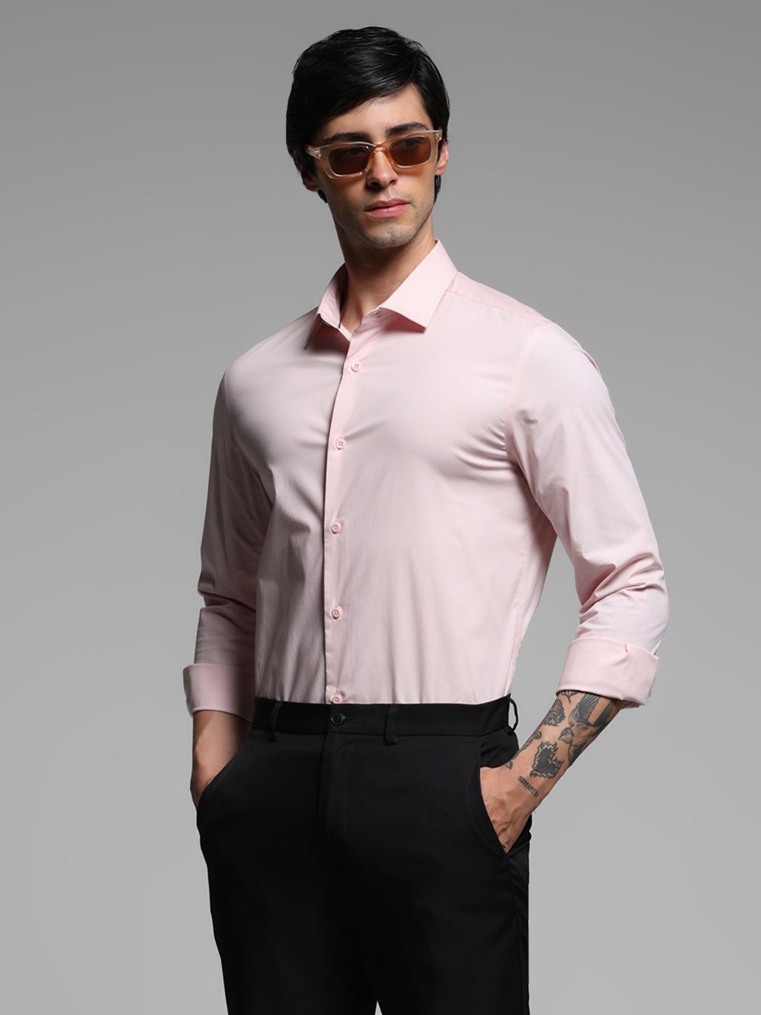 

Jack & Jones Men Spread Collar Solid Cotton Slim Fit Casual Shirt, Pink