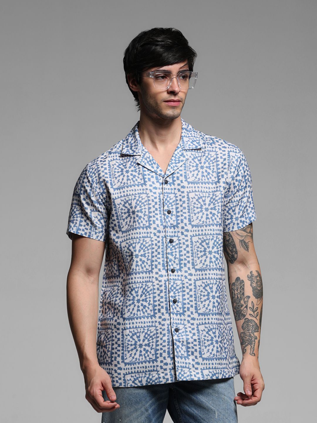 

Jack & Jones Men Cuban Collar Abstract Printed Relaxed Fit Casual Shirt, Beige