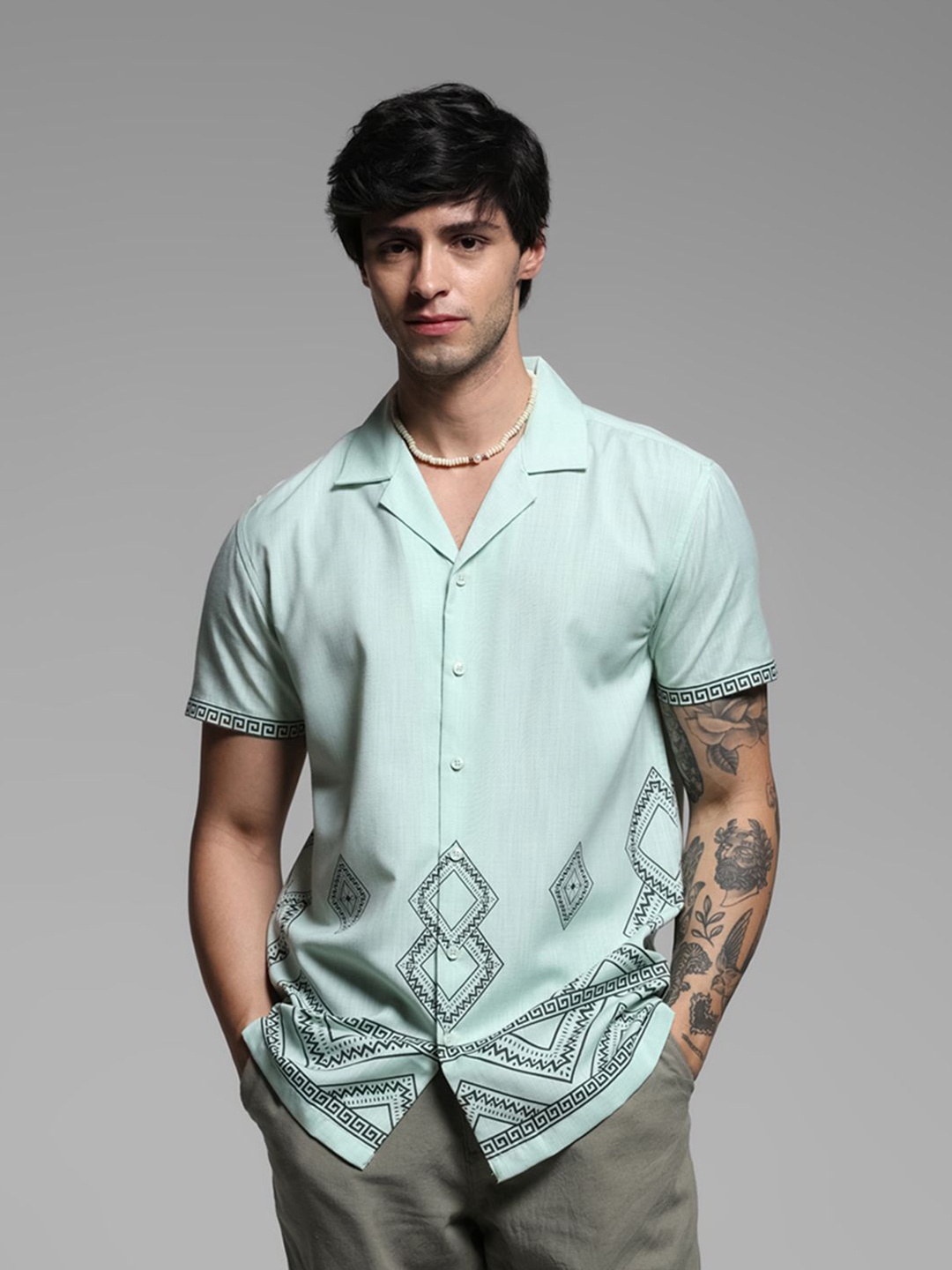 

Jack & Jones Men Cuban Collar Geometric Printed Relaxed Fit Casual Shirt, Green