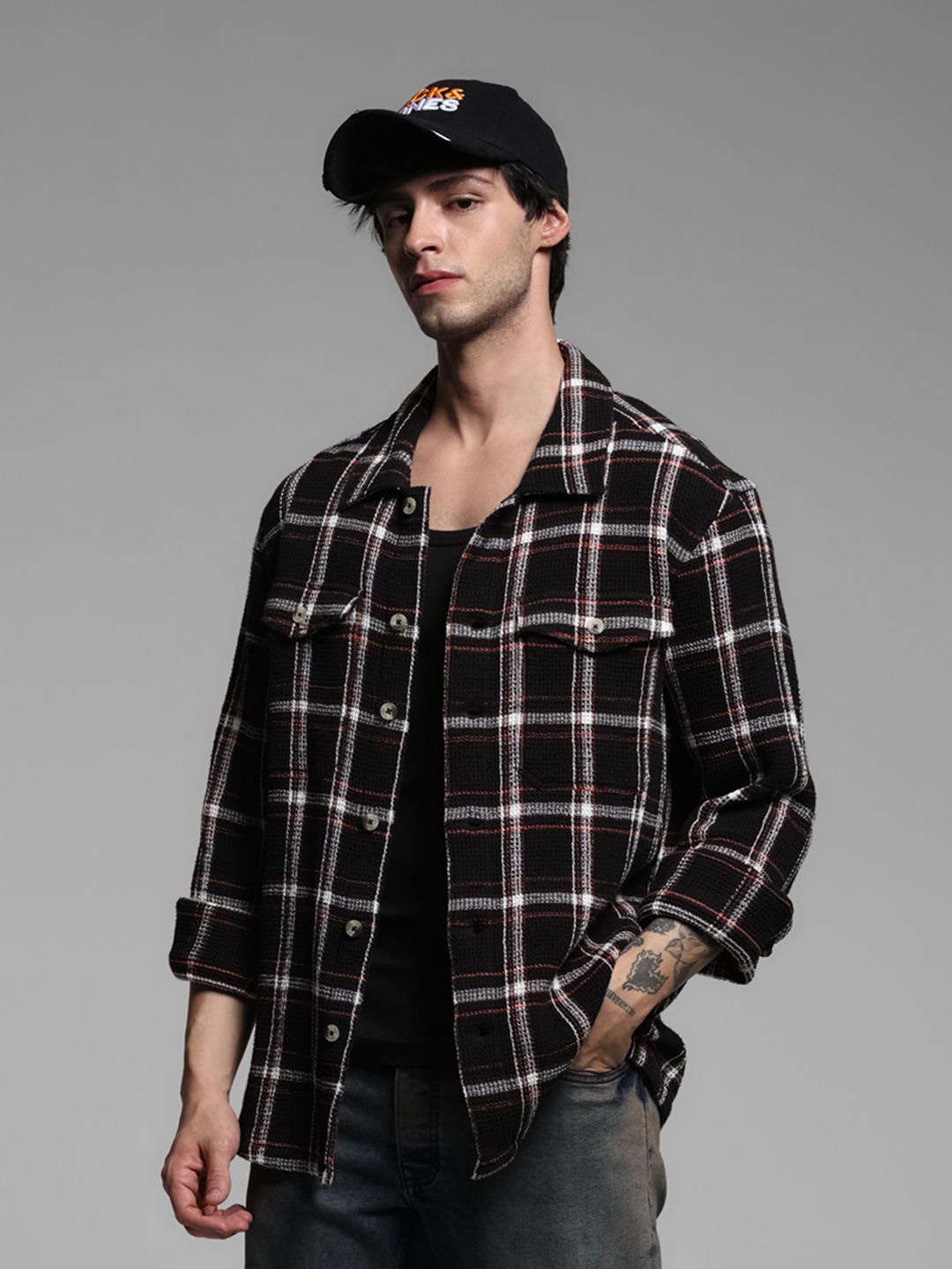 

Jack & Jones Men Spread Collar Tartan Checks Checked Cotton Oversized Casual Shirt, Black