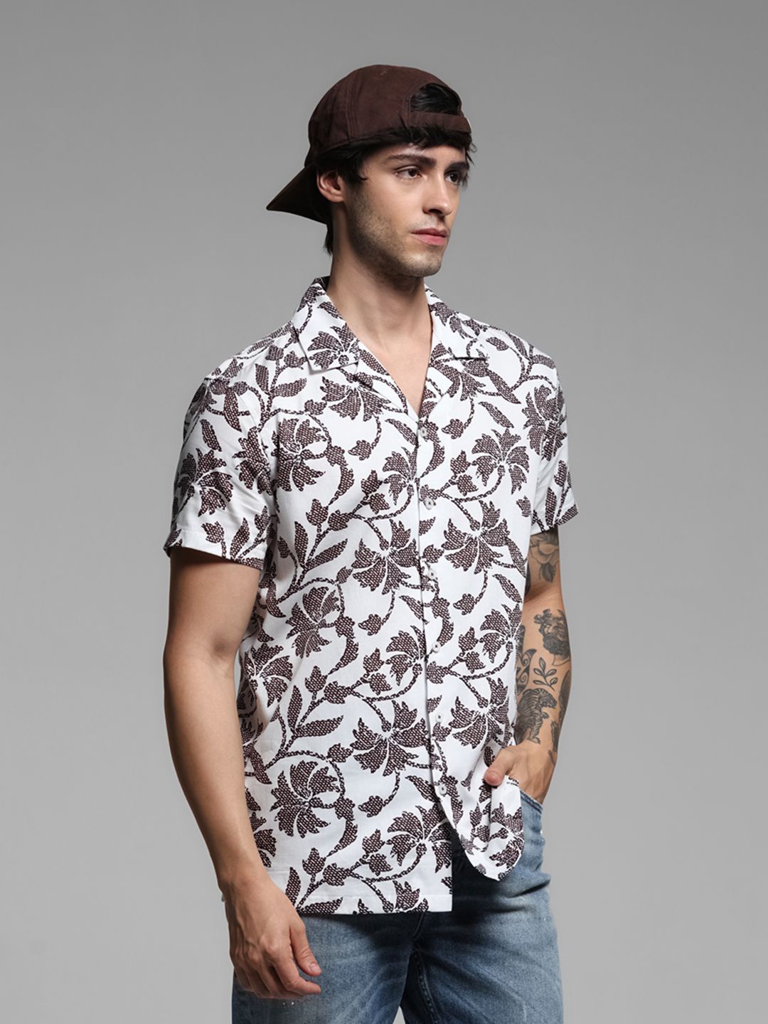 

Jack & Jones Men Cuban Collar Floral Printed Cotton Relaxed Fit Casual Shirt, White