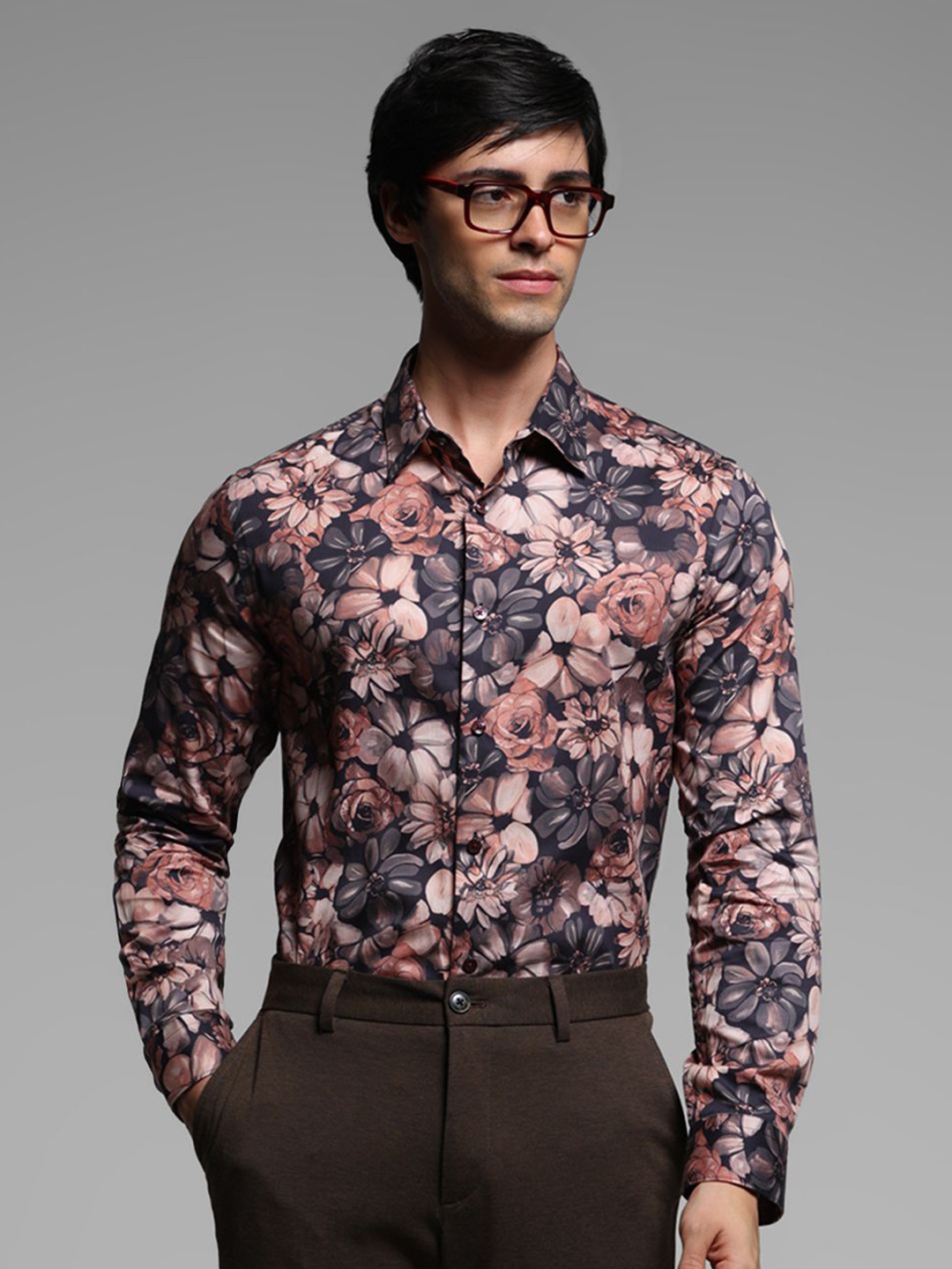 

Jack & Jones Men Spread Collar Floral Printed Cotton Slim Fit Casual Shirt, Brown