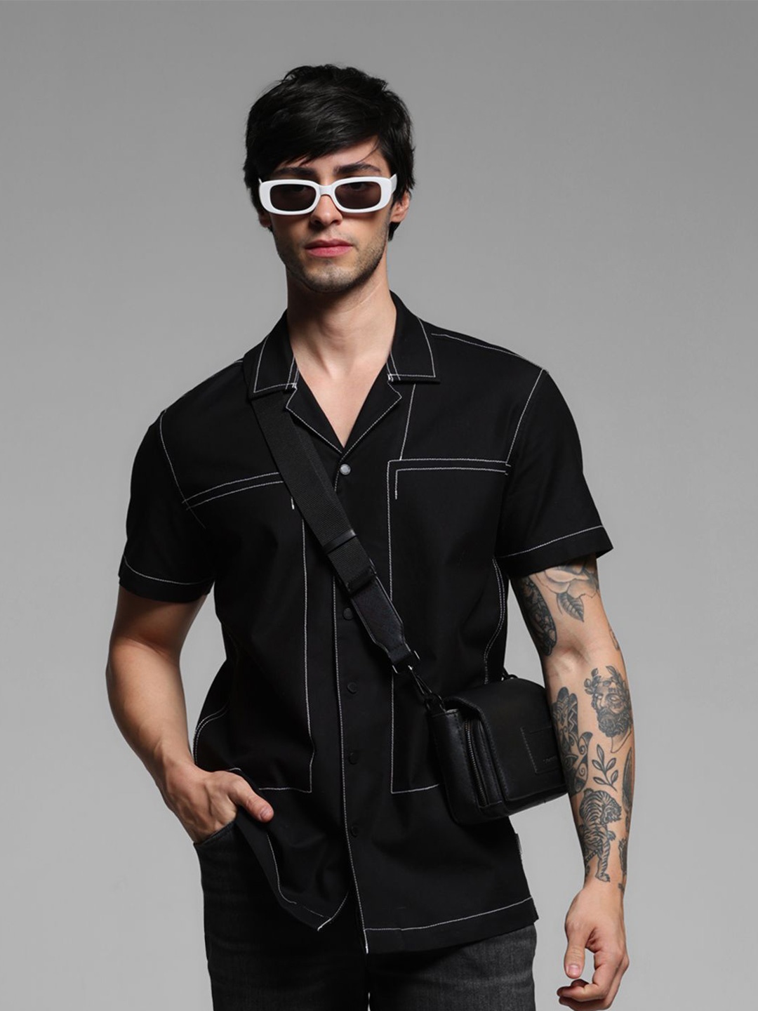 

Jack & Jones Men Cuban Collar Solid Viscose Rayon Relaxed Fit Casual Shirt, Black